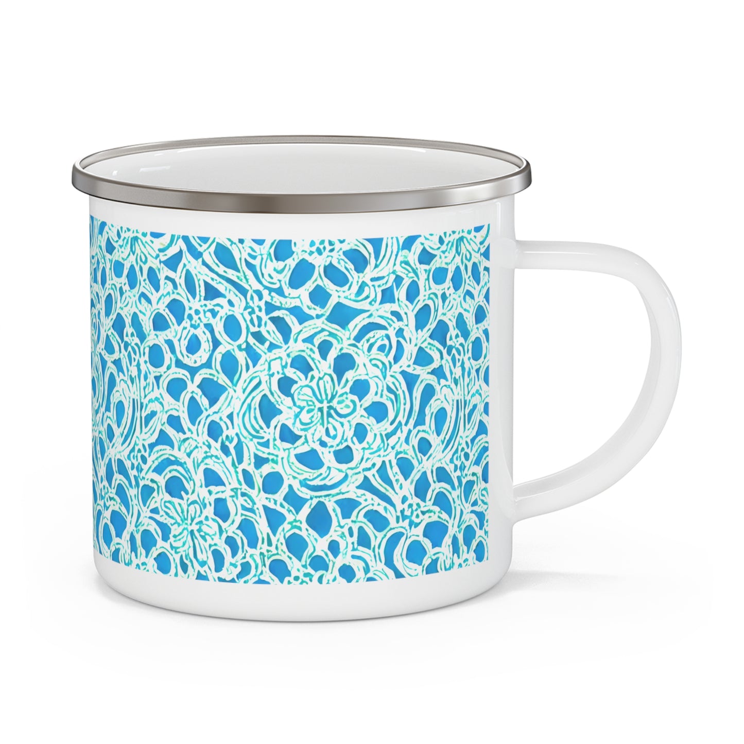 Luminous Swirls: Abstract Watercolor Floral Patterns in Lime Green and Blue 12oz Enamel Camping Mug