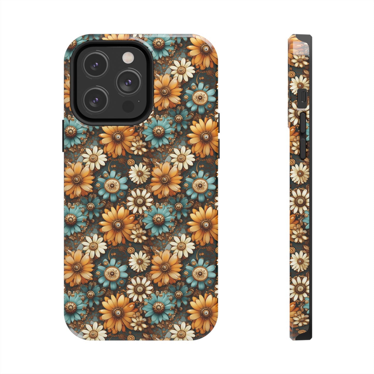 Victorian Steampunk Cream Gold and Teal Flowers with Gears and Mechanical Elements Iphone Tough Phone Case