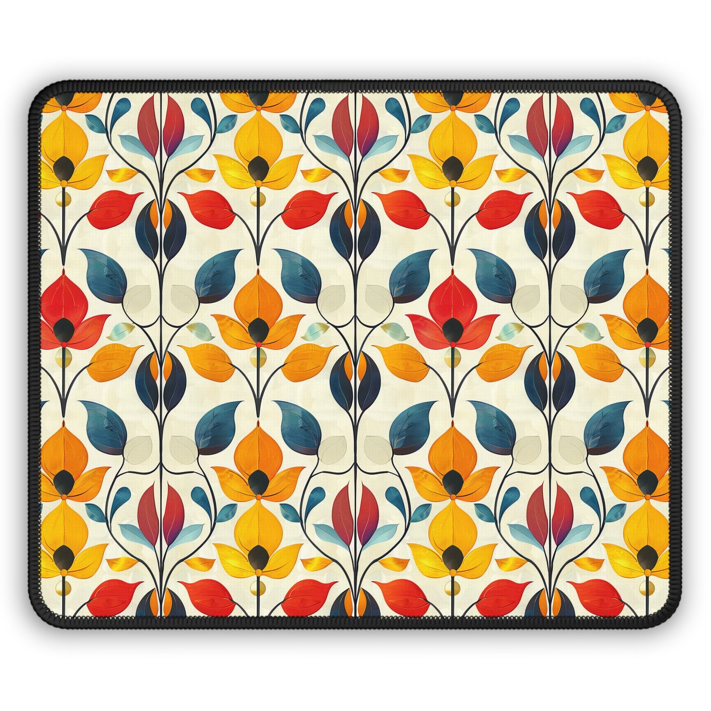 Retro Art Nouveau Vibrant Multicolored Blossoms Gaming Mouse Pad with Finished Edges