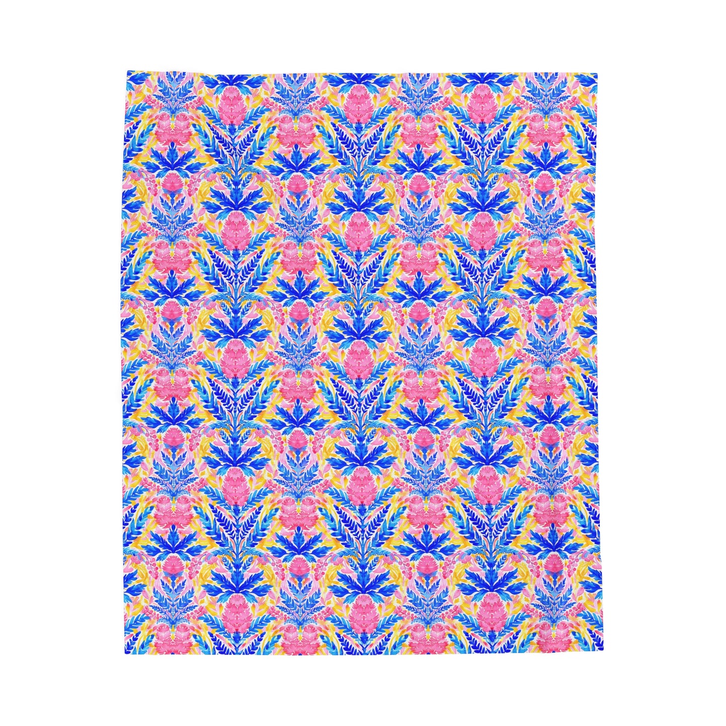 Tropical Watercolor Blooms in Vibrant Pinks and Blues Velveteen Plush Blanket 3 Sizes