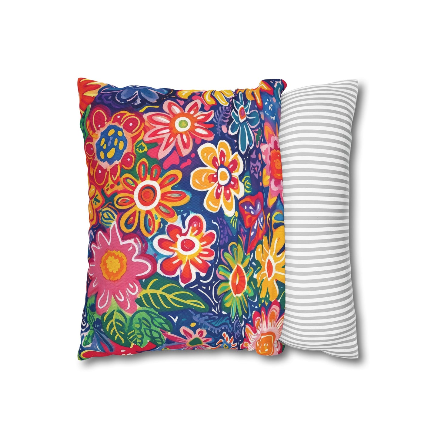 Fluttering Kaleidoscope: Vibrant Multicolor Flowers and Butterflies in Flight Spun Polyester Square Pillowcase 4 Sizes