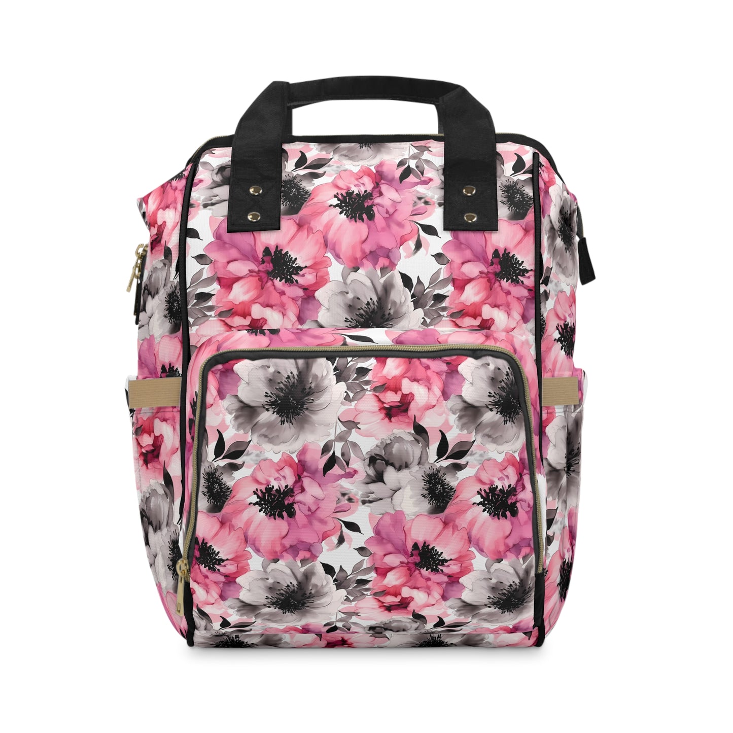 Graceful Elegance: Large Pink and Grey Watercolor Flower Design Multifunctional Diaper Backpack