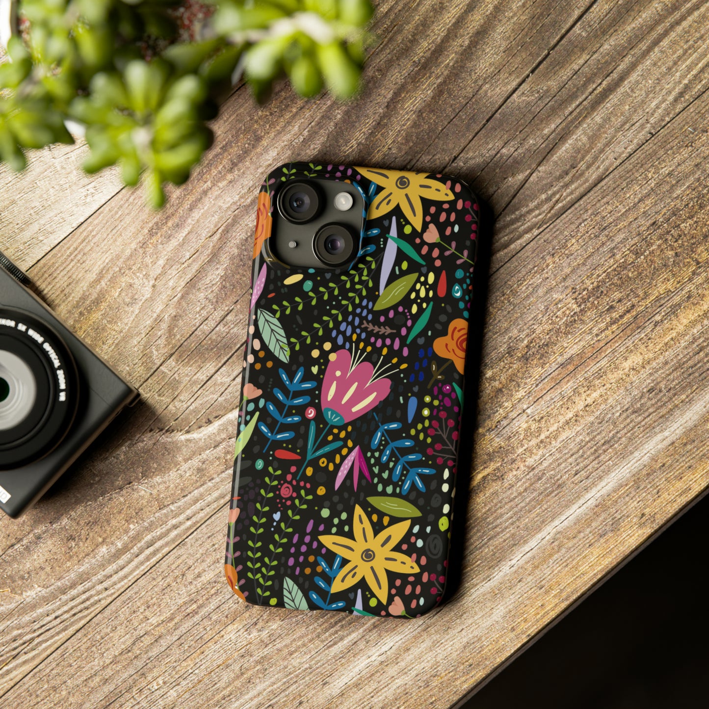 Springtime Splendor: Hand-Drawn Flowers Bursting with Vibrant Colors Design on Black Iphone 15-12 Slim Phone Case