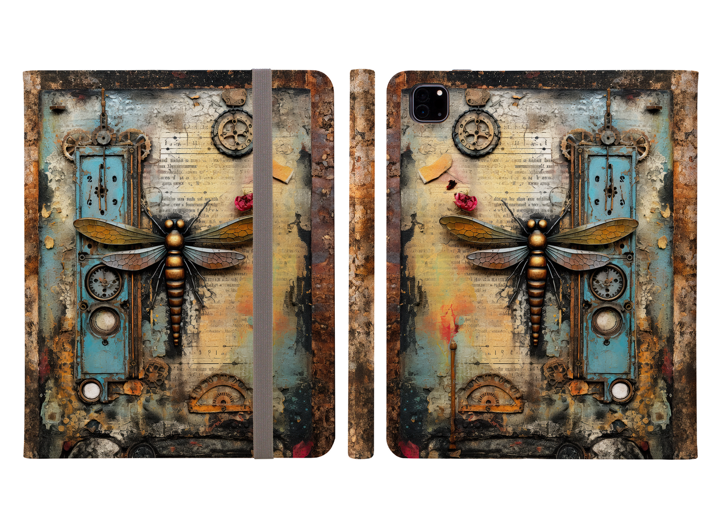 Rustic Steampunk Dragonfly on Aged Manuscript Protective iPad Pro 11 & Pro 12.9 Protective Case and Pencil Holder