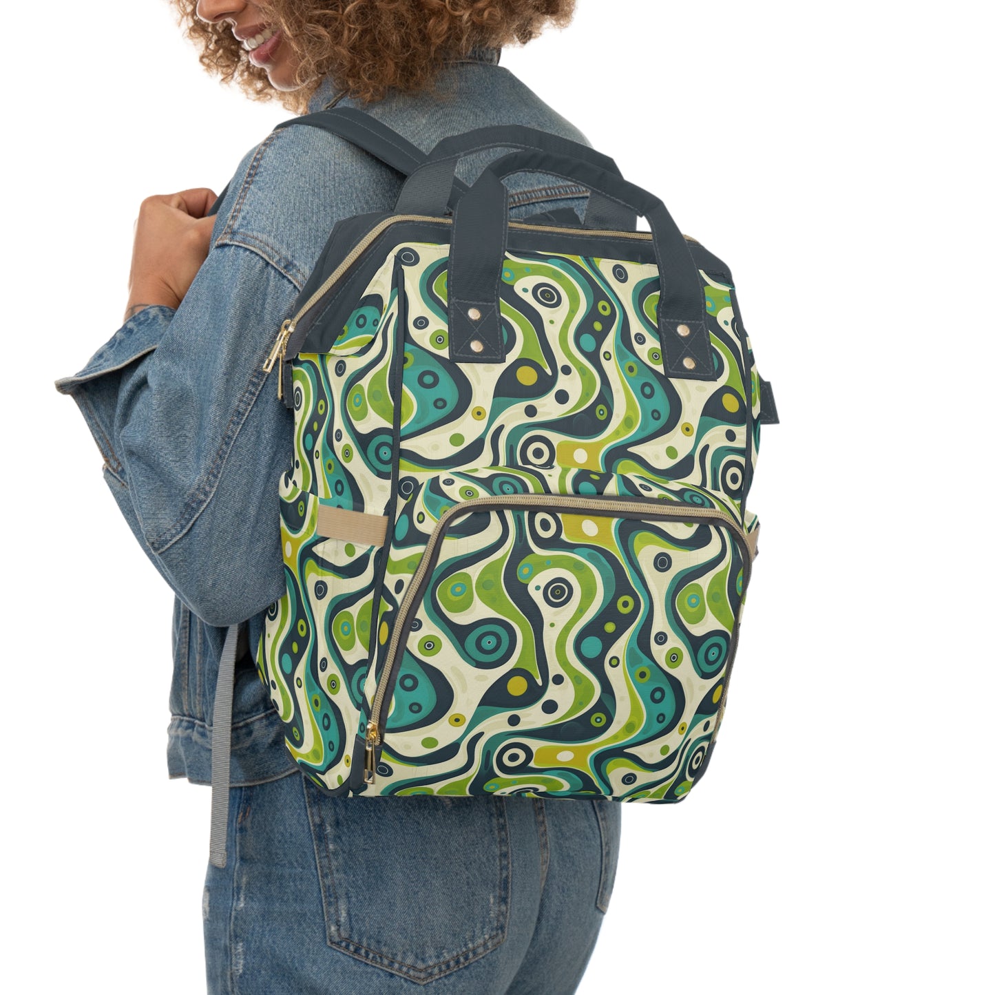 Groovy Retro Greens and Blues Abstract Waves Diaper Backpack