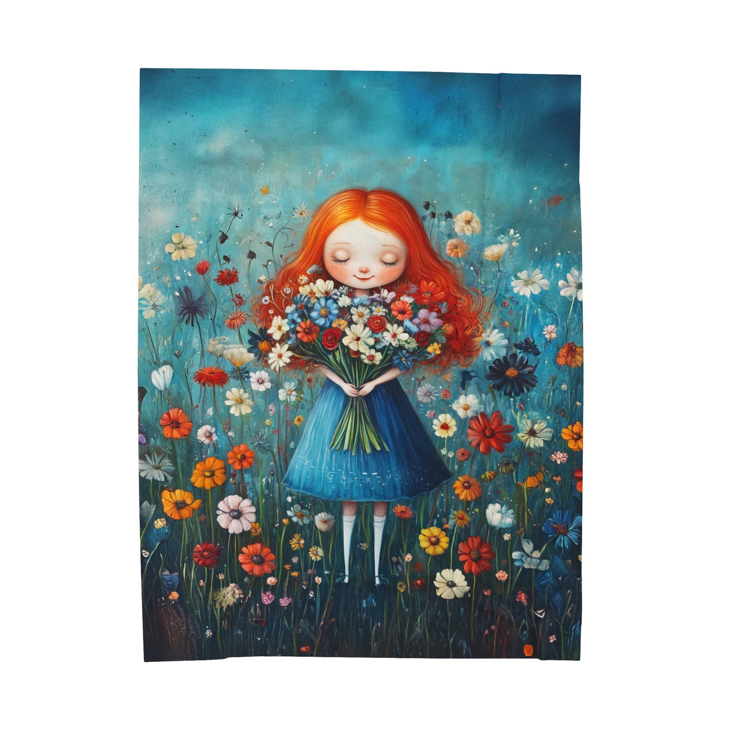 Radiant Redhead Girl with a Bouquet of Wildflowers Velveteen Plush Blanket 3 Sizes