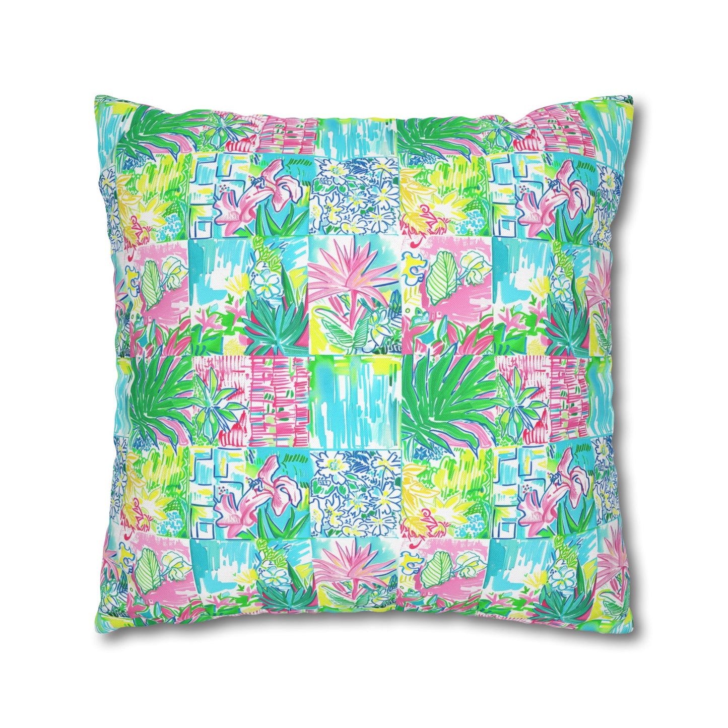 Whimsical Palm Trees and Flowers in Vibrant Pink, Teal, and Green Collage Spun Polyester Square Pillowcase 4 Sizes