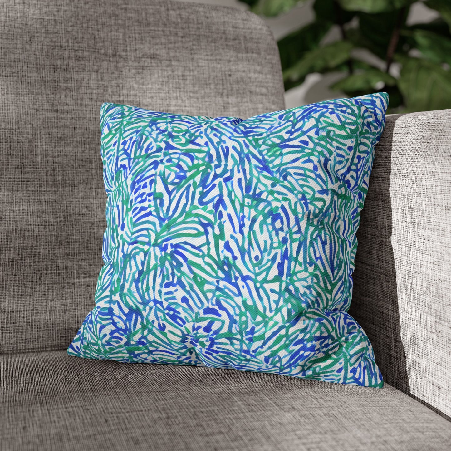 Tropical Fusion: Abstract Palm Leaves in Lime Green and Blue Hues  Spun Polyester Square Pillowcase 4 Sizes