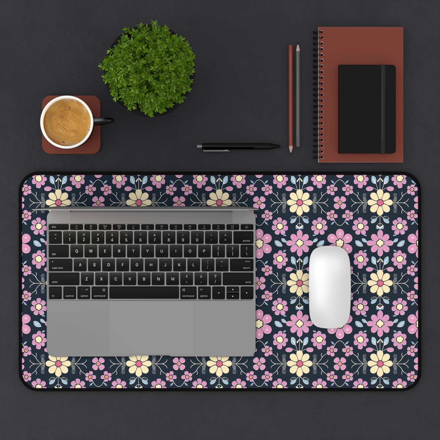 Charming Pastel Pink and Yellow Flowers on Navy Blue Background Extended Gaming Mouse Pad  Desk Mat  - 3 Sizes