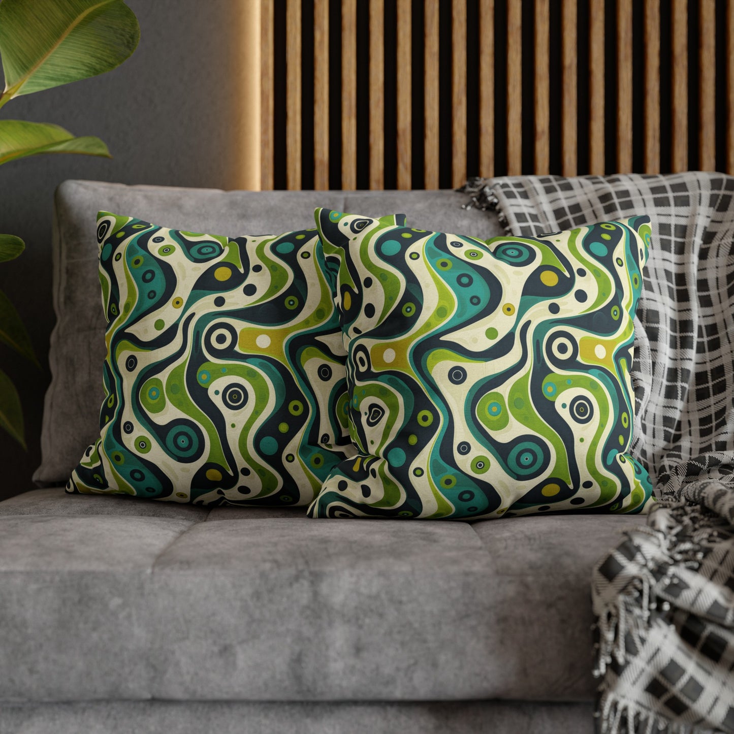 Groovy Retro Greens and Blues Abstract Waves Spun Polyester Square Pillowcase 4 Sizes