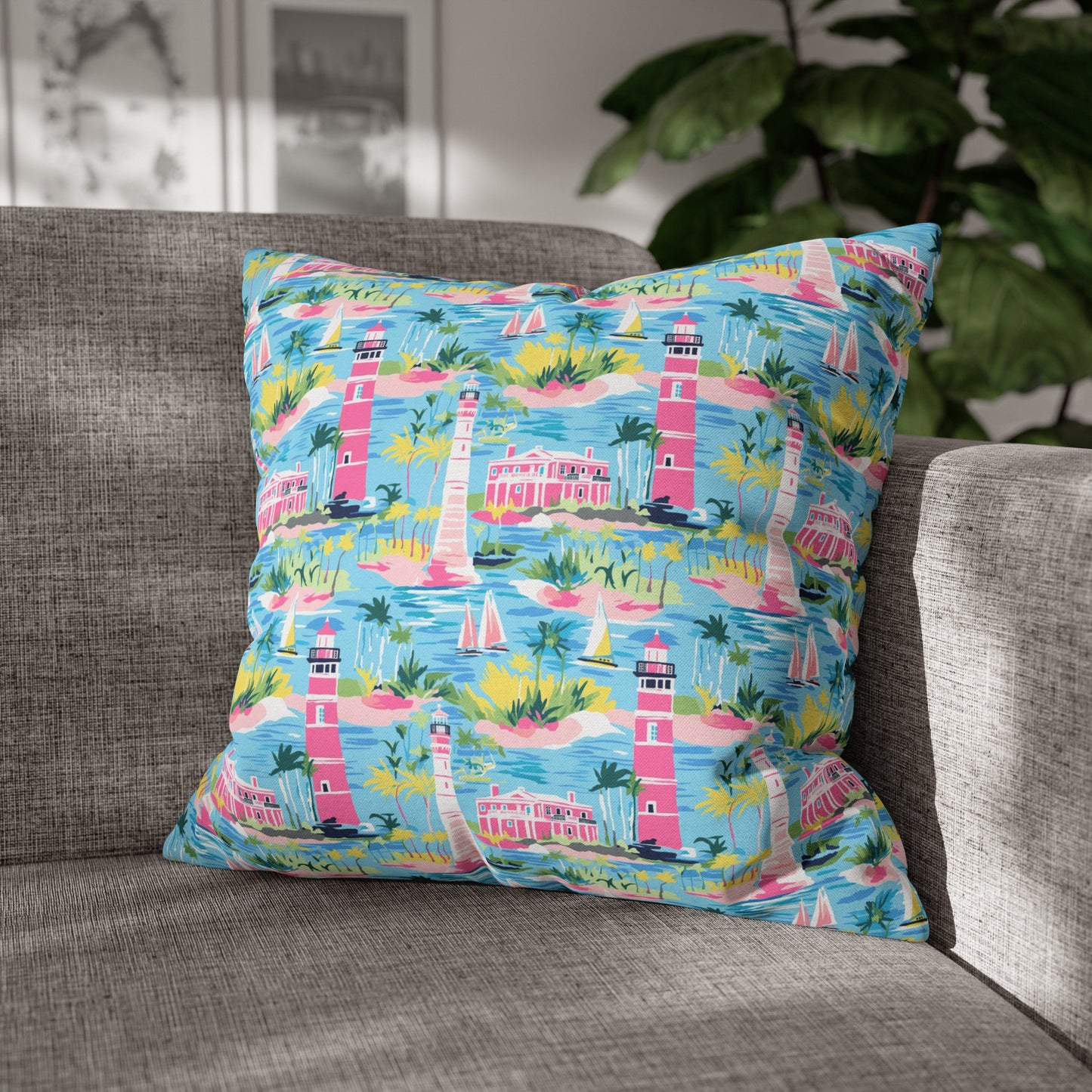 Coastal Charms: Sailboats and Lighthouses Adorning the Coastline Spun Polyester Square Pillowcase 4 Sizes