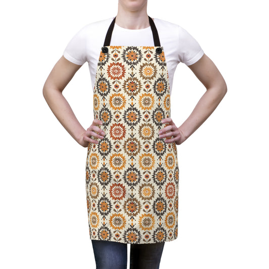 Boho Chic Earth Tone Floral and Folk Art Design in Burnt Orange, Deep Brown, and Creamy Beige Kitchen Chef Apron