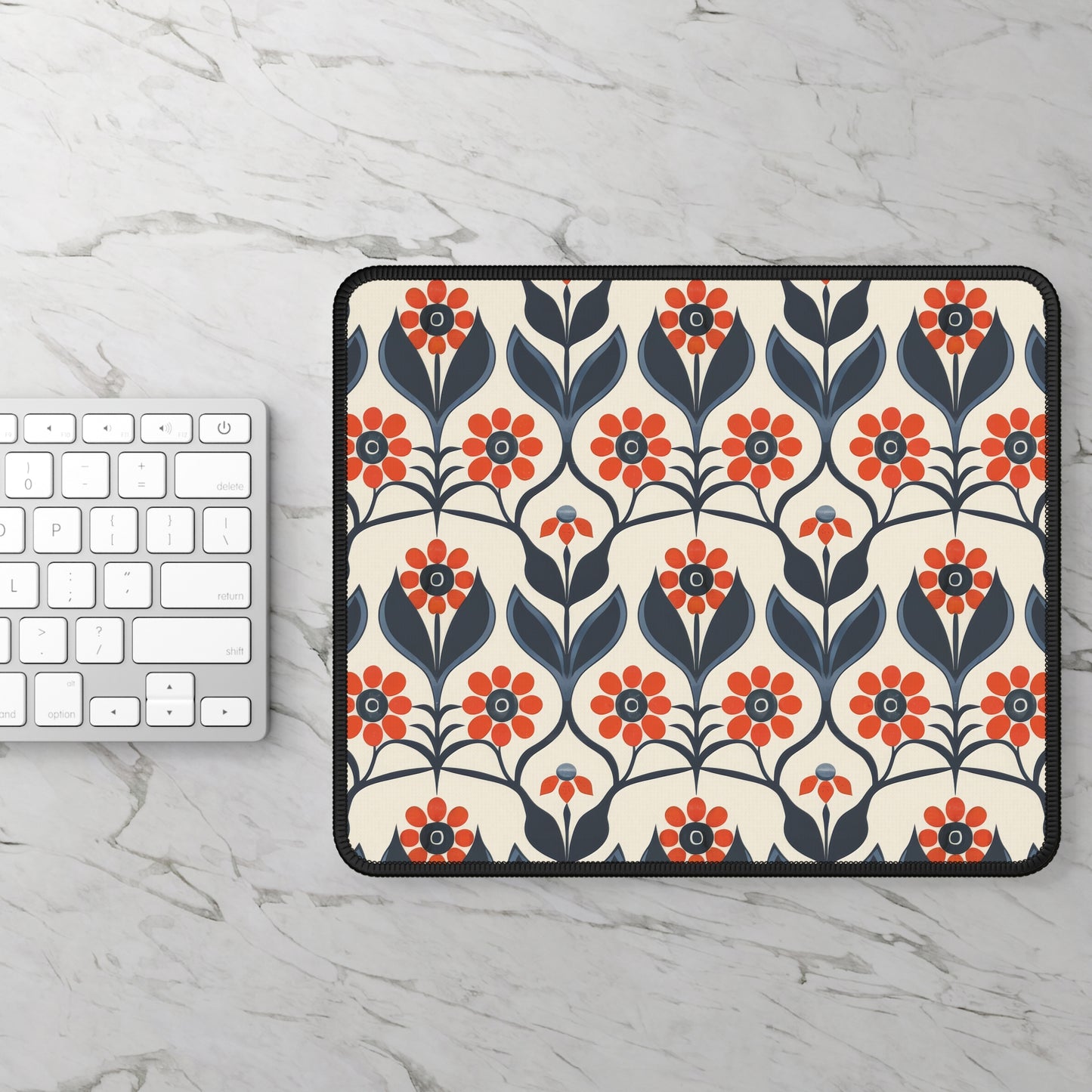 Vintage Charming Danish Floral Pattern of Red and Navy Blue Flowers Gaming Mouse Pad with Finished Edges