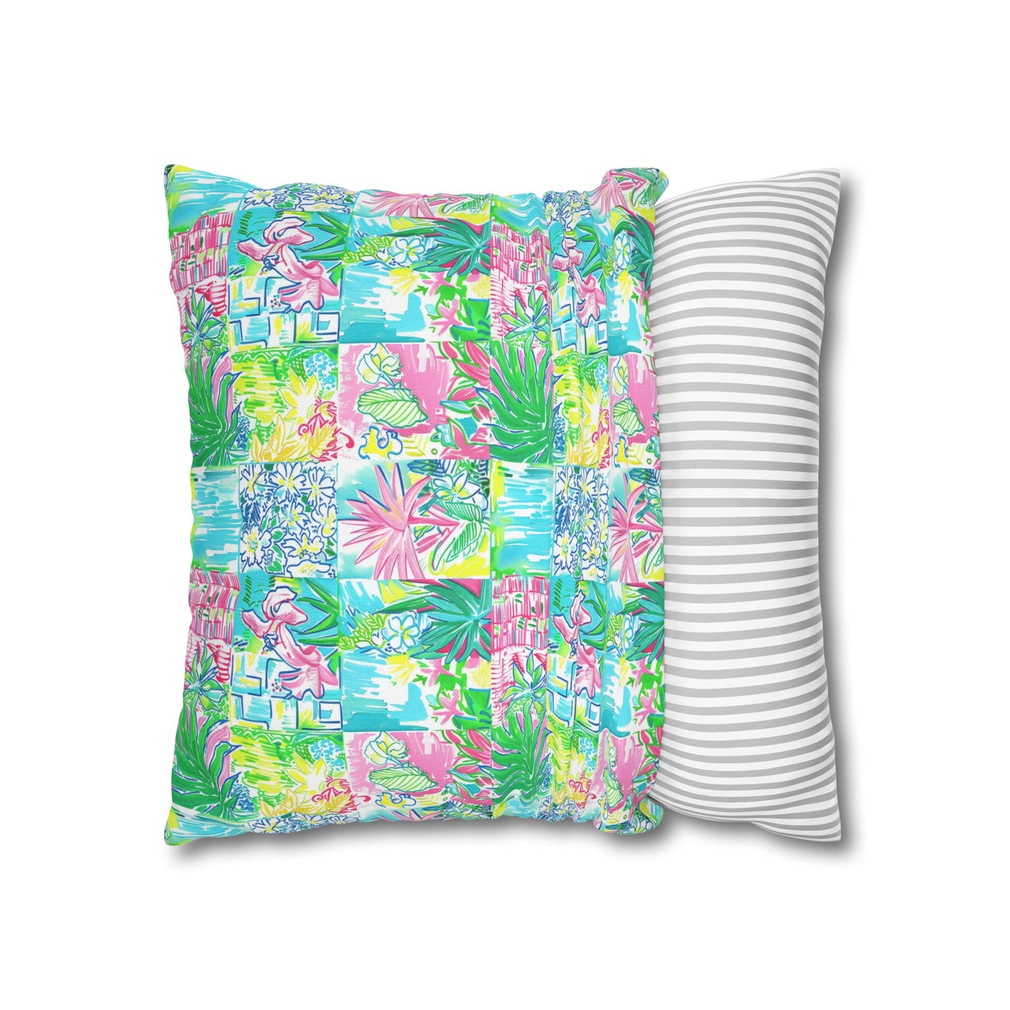 Whimsical Palm Trees and Flowers in Vibrant Pink, Teal, and Green Collage Spun Polyester Square Pillowcase 4 Sizes