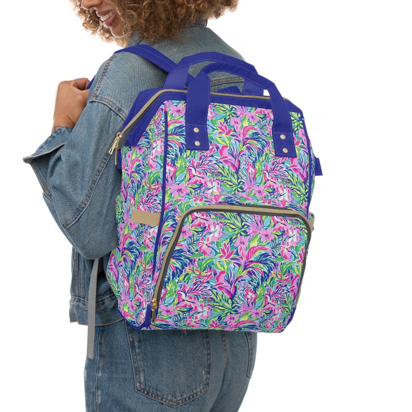 Tropical Serenity: Pink, Green, and Blue Watercolor Floral Delight Multifunctional Diaper Backpack