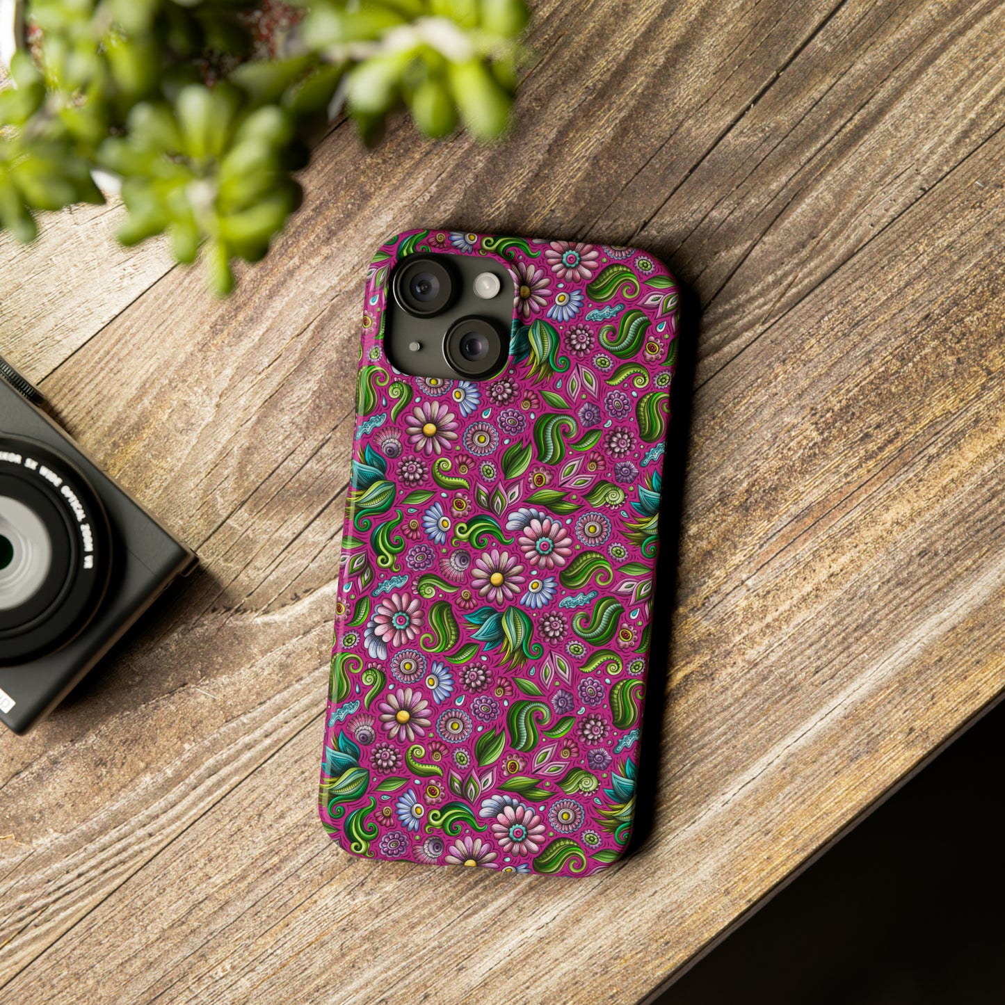 Purple & Pink Daisy Floral Print Hot Pink Background Iphone 15-12 Slim Phone Case