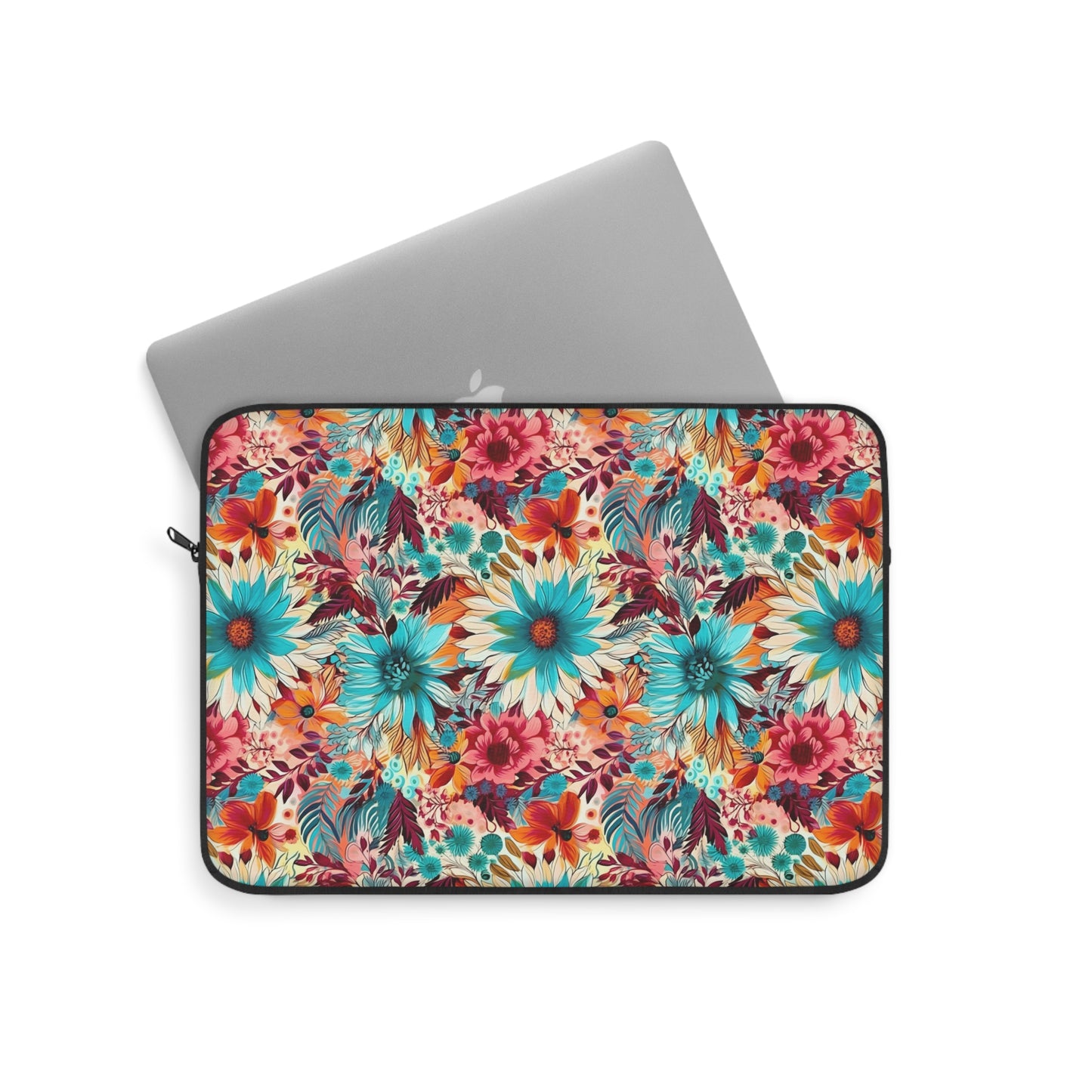 Floral Explosion of Pinks, Teals and Oranges on a Soft Cream Canvas Laptop or Ipad Protective Sleeve 3 Sizes Available