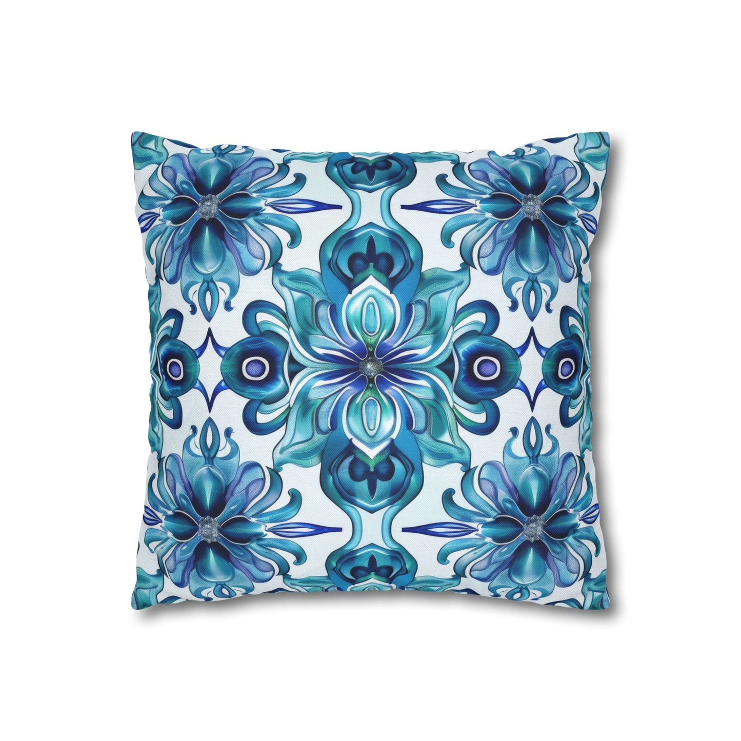 Blossom Symphony of Blue Teal Intricate Floral Pattern Spun Polyester Square Pillowcase 4 Sizes