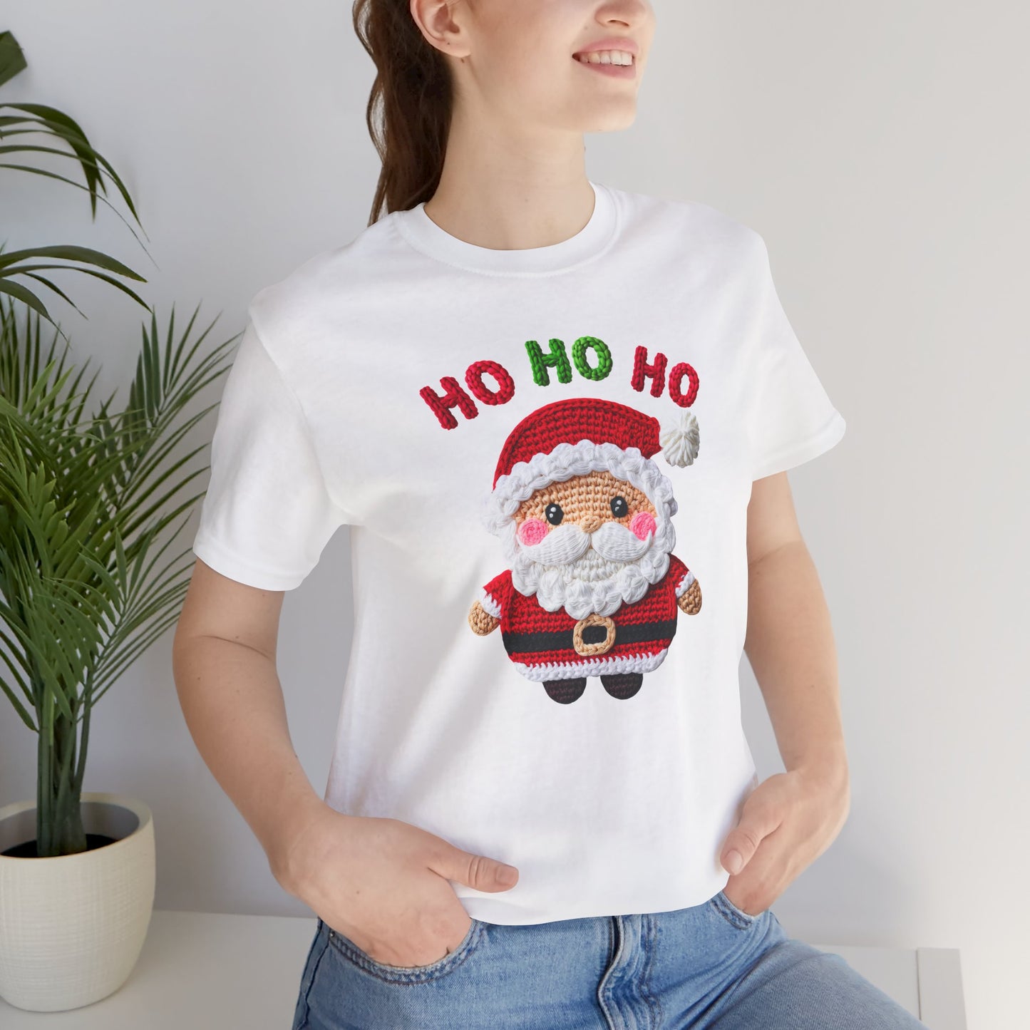 Faux Yarn Crochet Christmas Santa HO HO HO Print Jersey Short Sleeve T-shirt