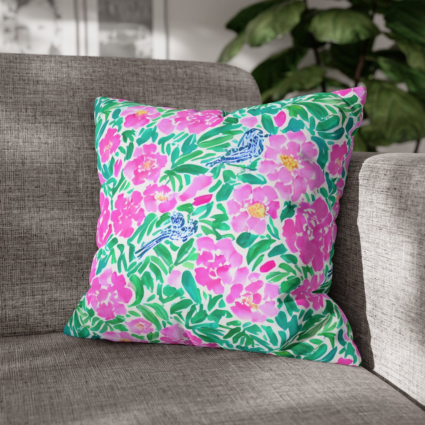 Springtime Whispers: Tiny Birds and Pink Blooms, Subtle Blue Accents, and Lush Green Leaves Spun Polyester Square Pillowcase 4 Sizes