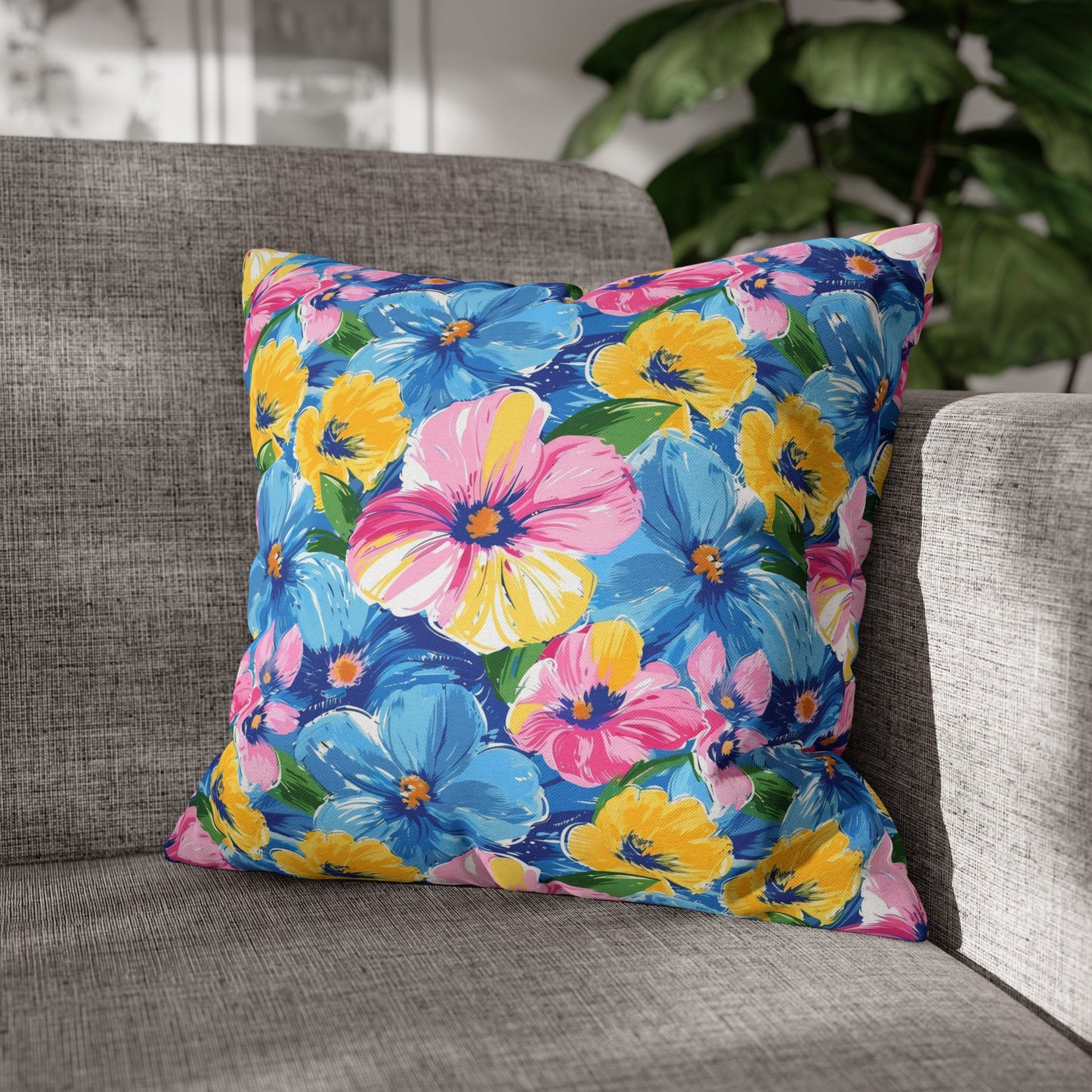 Sunny Serenade: Large Blooms of Yellow, Blue, and Gold in Watercolor Spun Polyester Square Pillowcase 4 Sizes