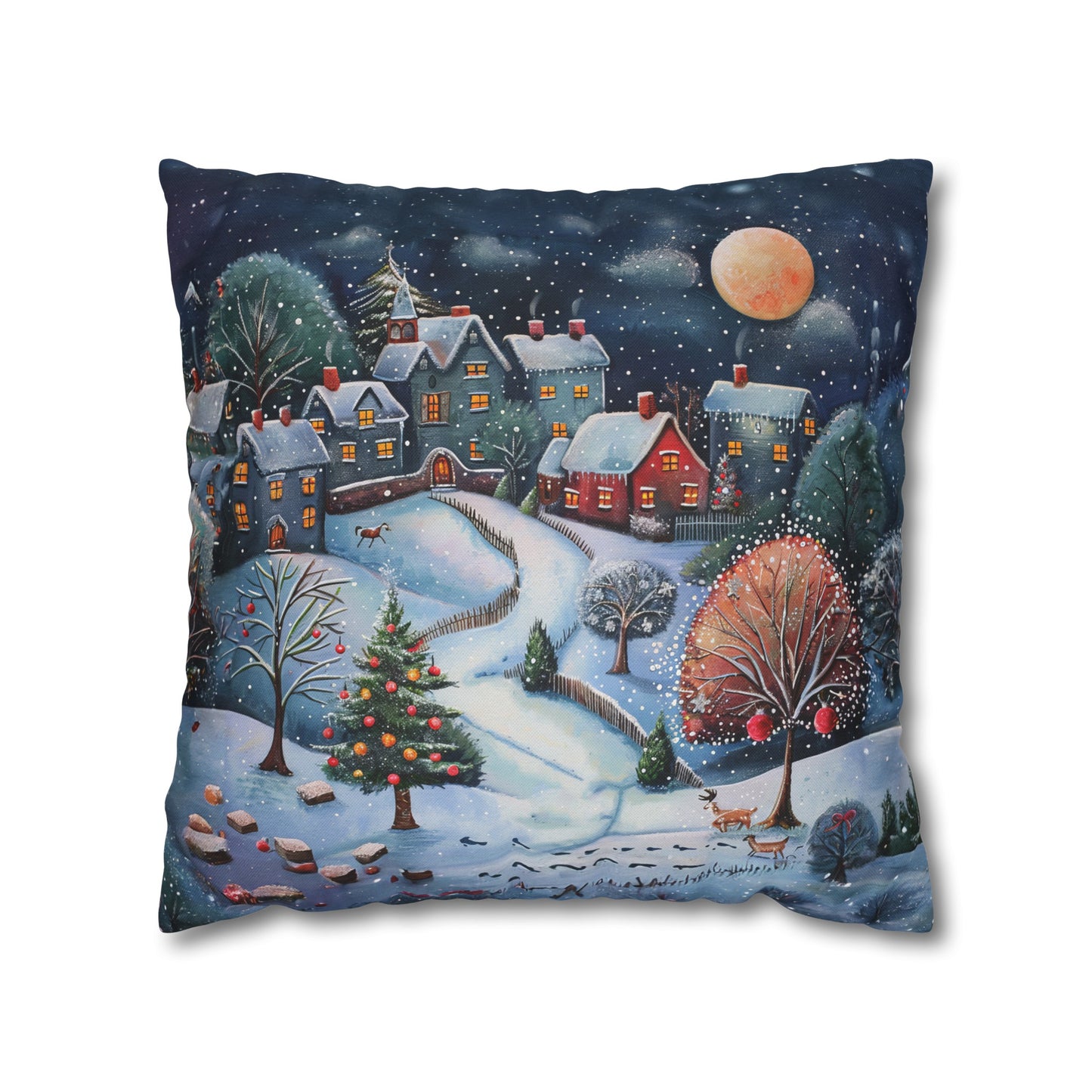 Snowy Serenade: Town at Winter Night with Reindeer Amidst the Snow  Spun Polyester Square Pillowcase 4 Sizes