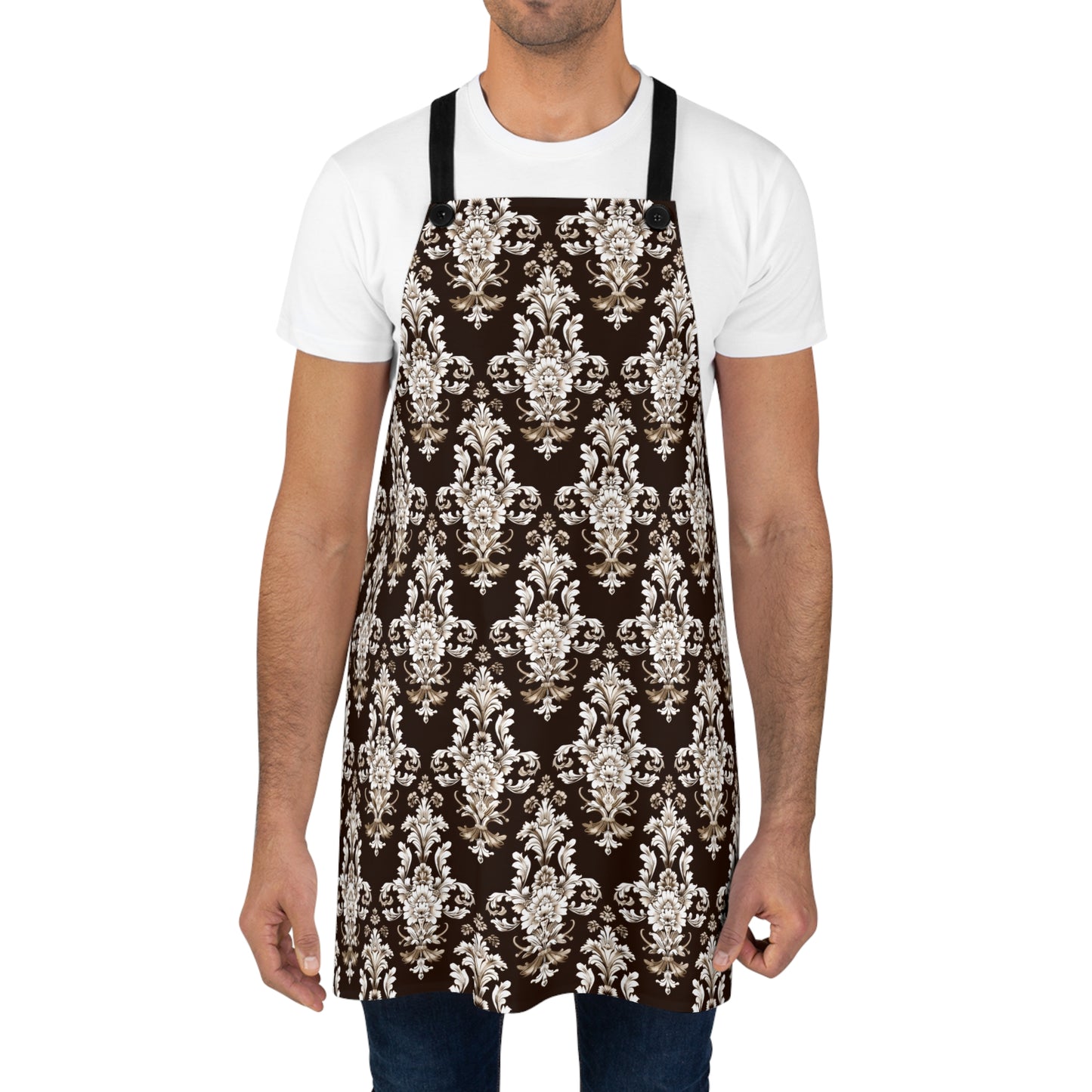 Elegant Rococo Pattern of Intricate Brown and White Floral Scroll Design Kitchen Chef Apron