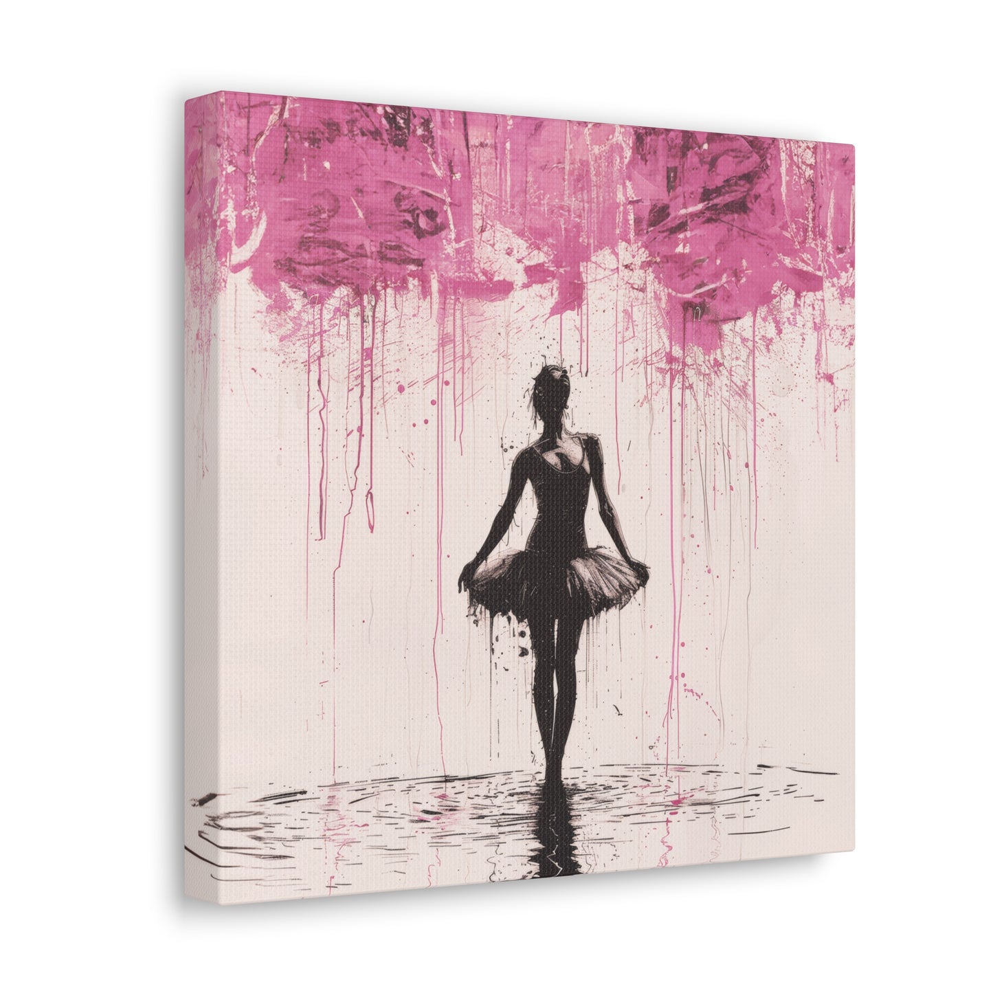 Dreamlike Reverie: Ballerina Dancing Amidst Pink Clouds and Gentle Rain Print on Canvas Gallery - 13 Sizes