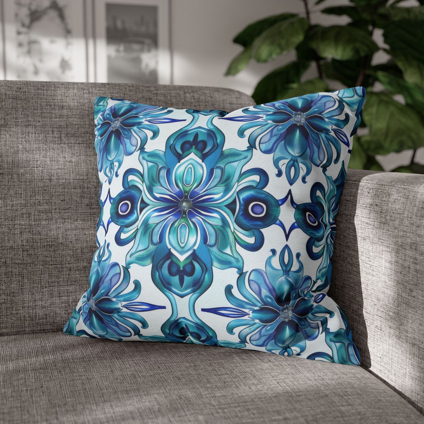 Blossom Symphony of Blue Teal Intricate Floral Pattern Spun Polyester Square Pillowcase 4 Sizes