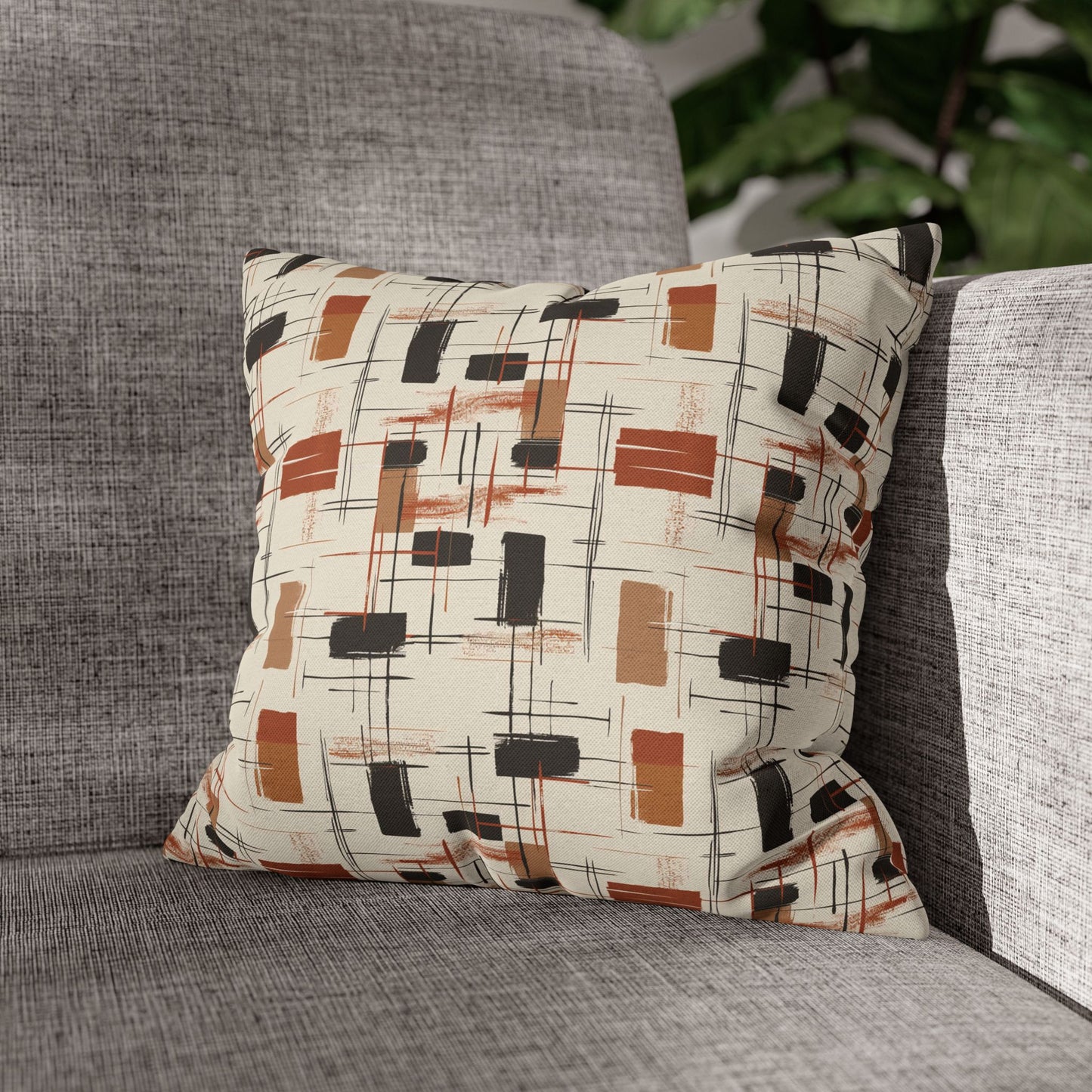 Modern Artistry in Bold and Minimalistic Pattern in a Palette of Black, Dark Orange, and Beige Spun Polyester Square Pillowcase 4 Sizes