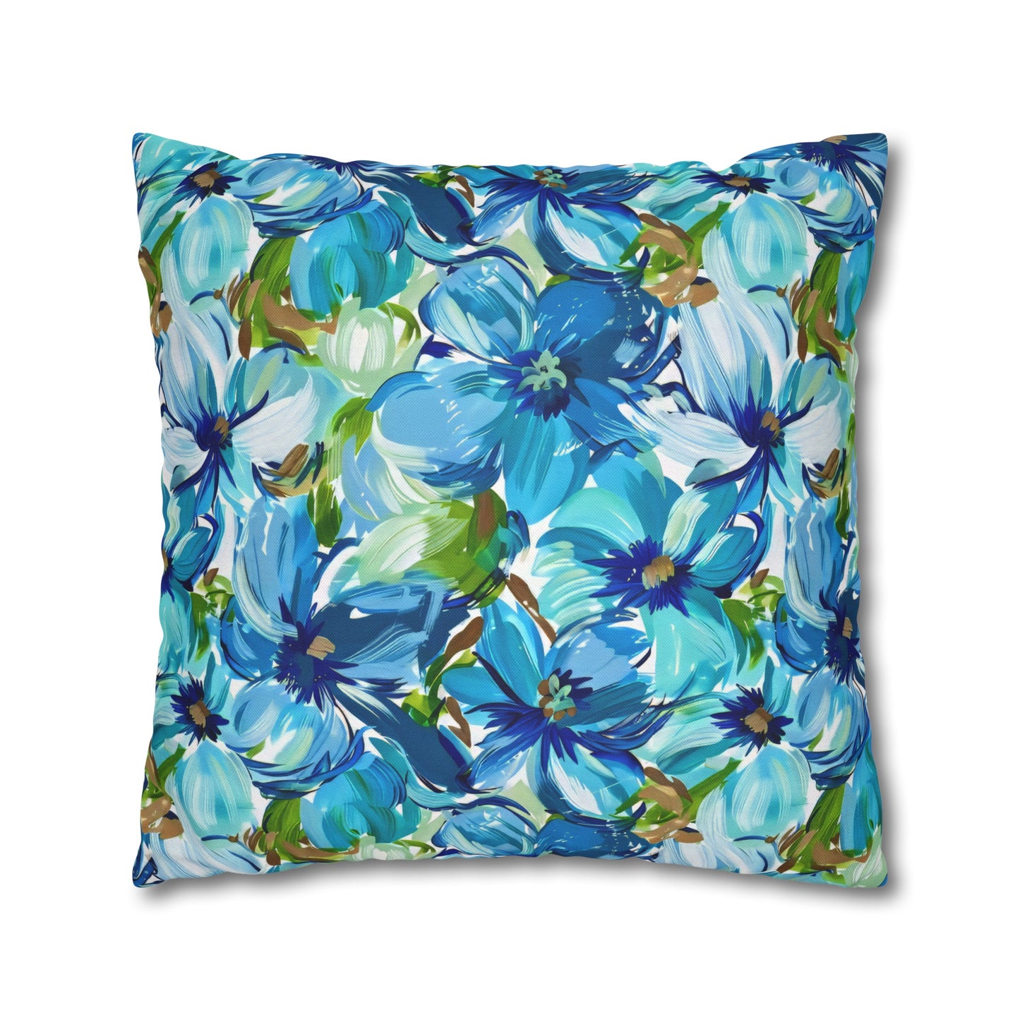 Large Blue Watercolor Flowers with Gentle Accents of Brown and Green Spun Polyester Square Pillowcase 4 Sizes