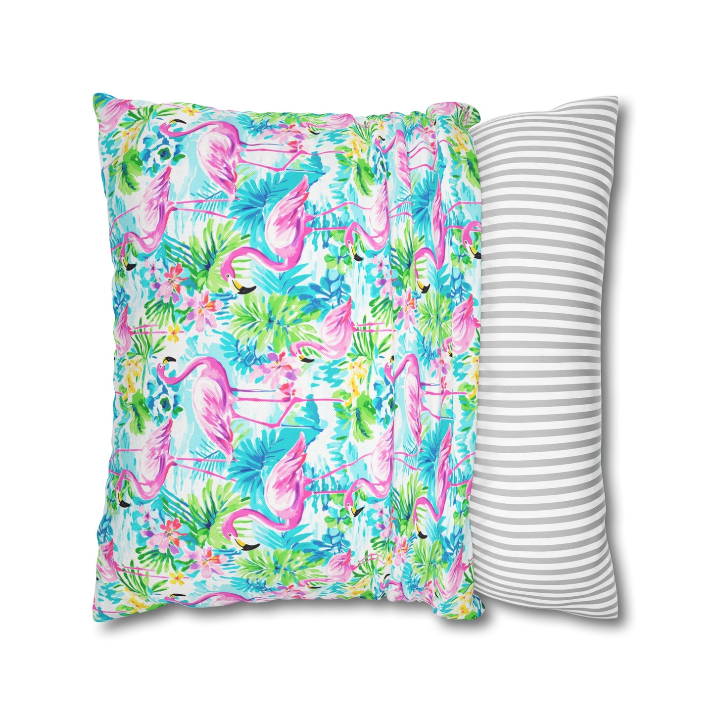 Tropical Flamingo Haven: Surrounded by Flowers and Palm Trees Spun Polyester Square Pillowcase 4 Sizes