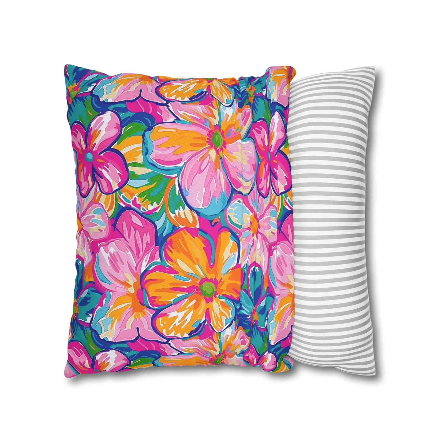 Chromatic Blossoms: Large Watercolor Flowers in Mixed Pinks, Blues, and Oranges Spun Polyester Square Pillowcase 4 Sizes