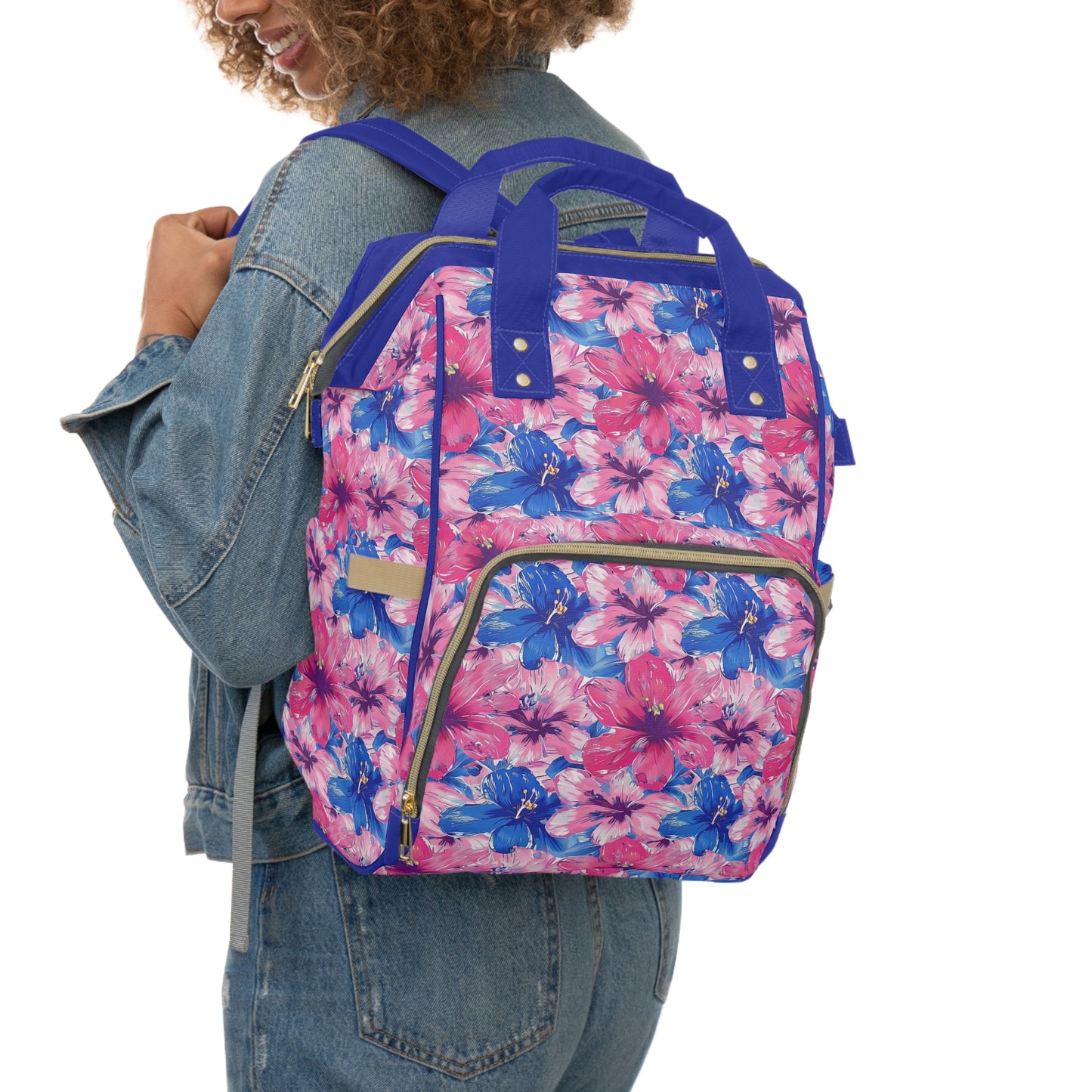 Blooming Bliss: Large Pink and Blue Blossoms in Full Bloom Multifunctional Diaper Backpack