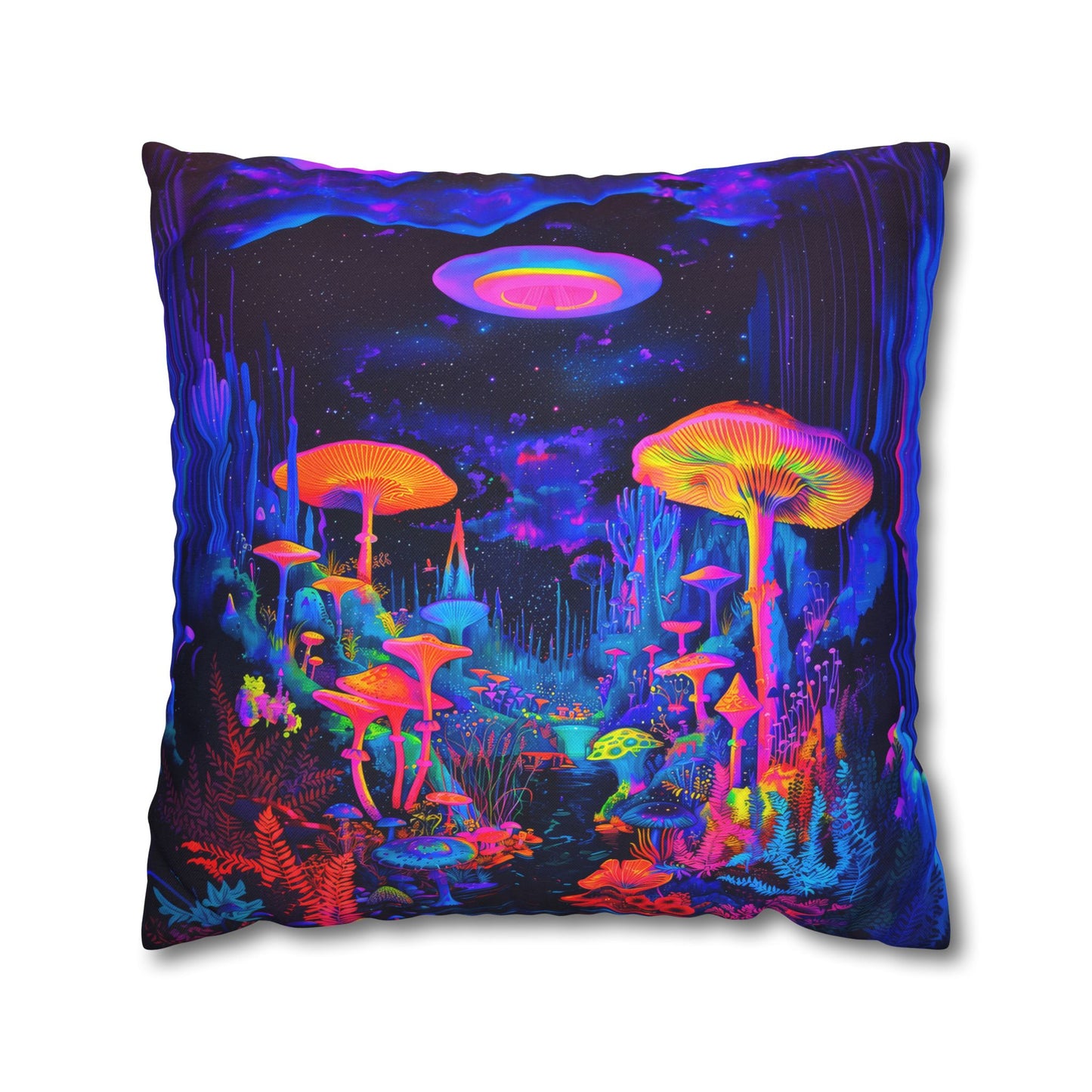 Vibrant Psychedelic Fantasy Neon Mushroom Forest Landscape Spun Polyester Square Pillowcase 4 Sizes