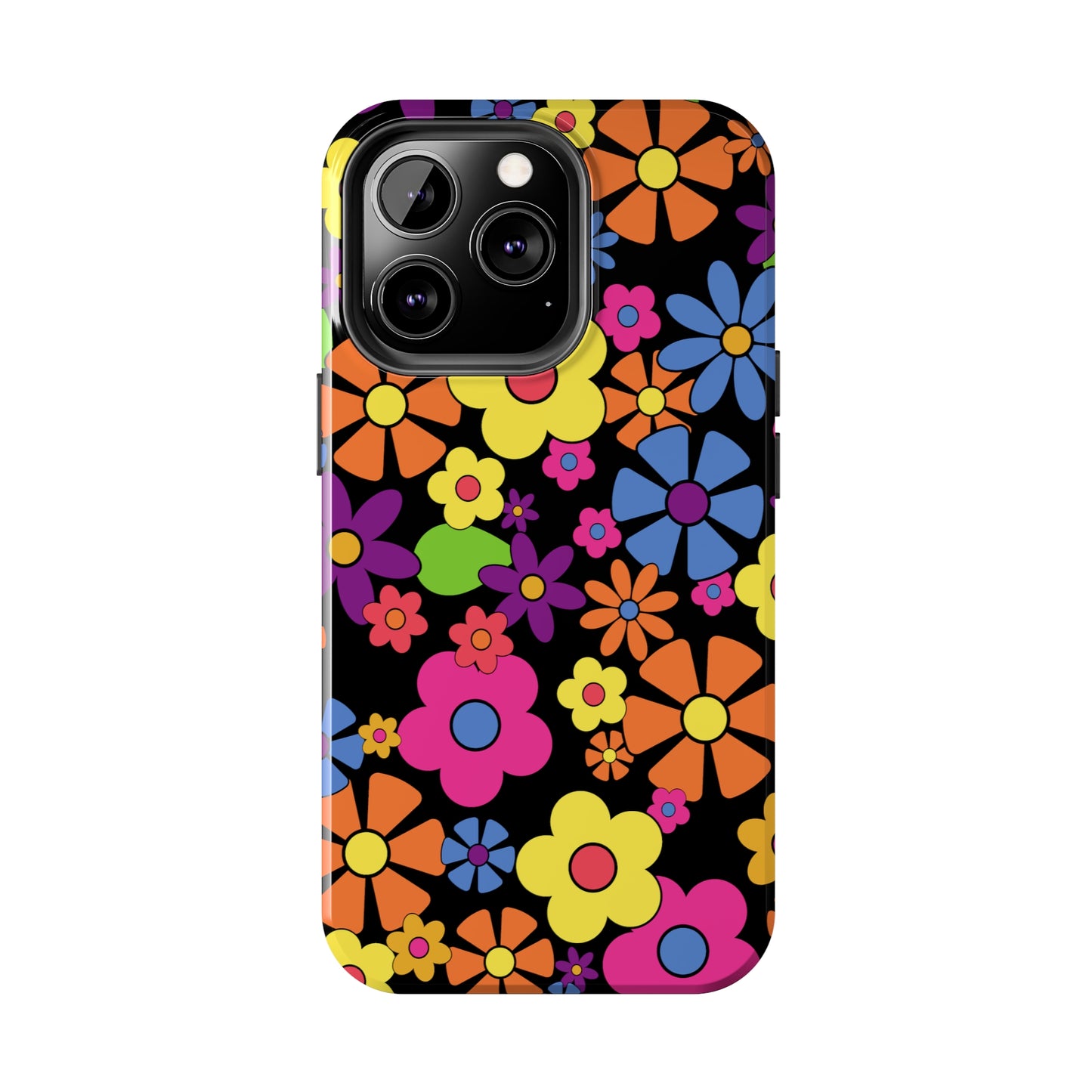 Flower Power Design on Black Background Iphone Tough Phone Case