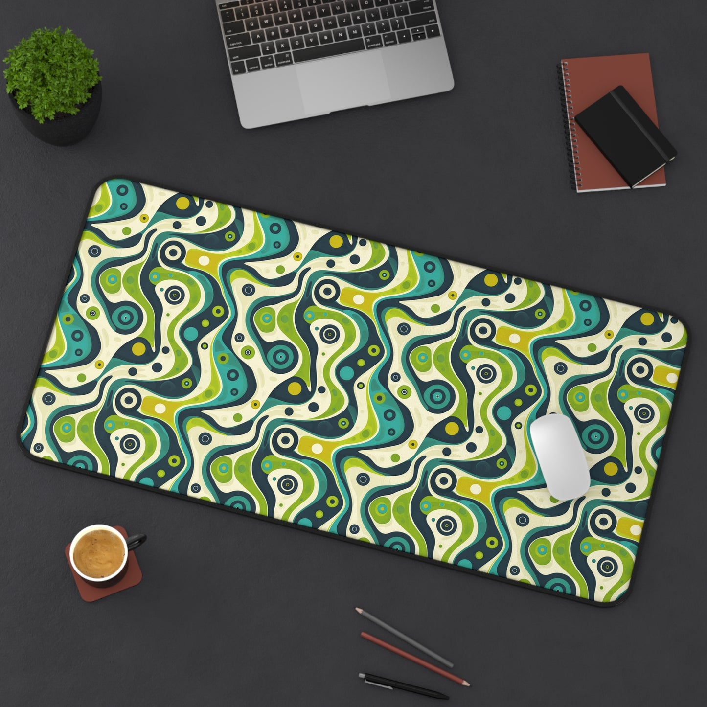 Groovy Retro Greens and Blues Abstract Waves Extended Gaming Mouse Pad  Desk Mat  - 3 Sizes