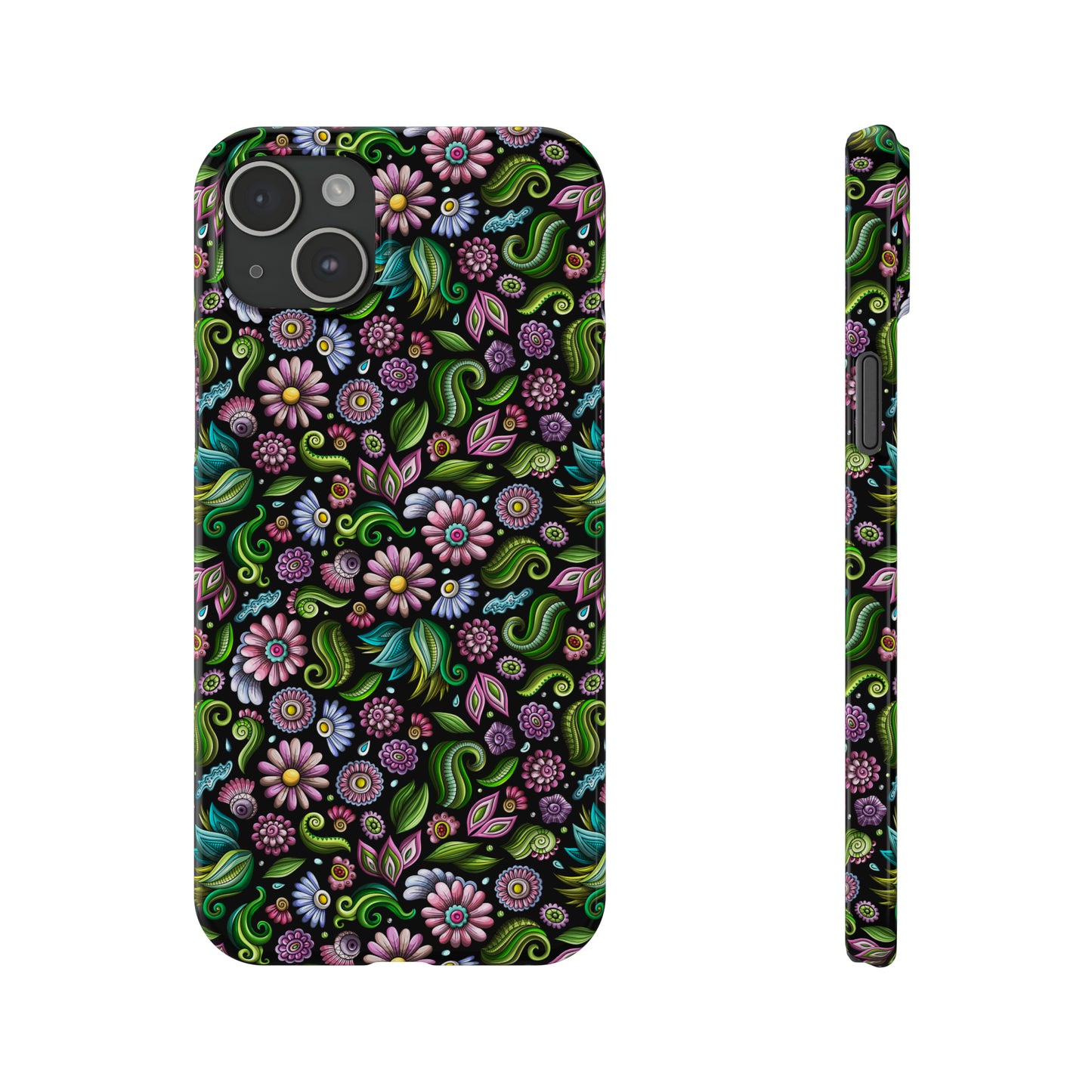 Purple & Pink Daisy Floral Print on Black Background Iphone 15-12 Slim Phone Case