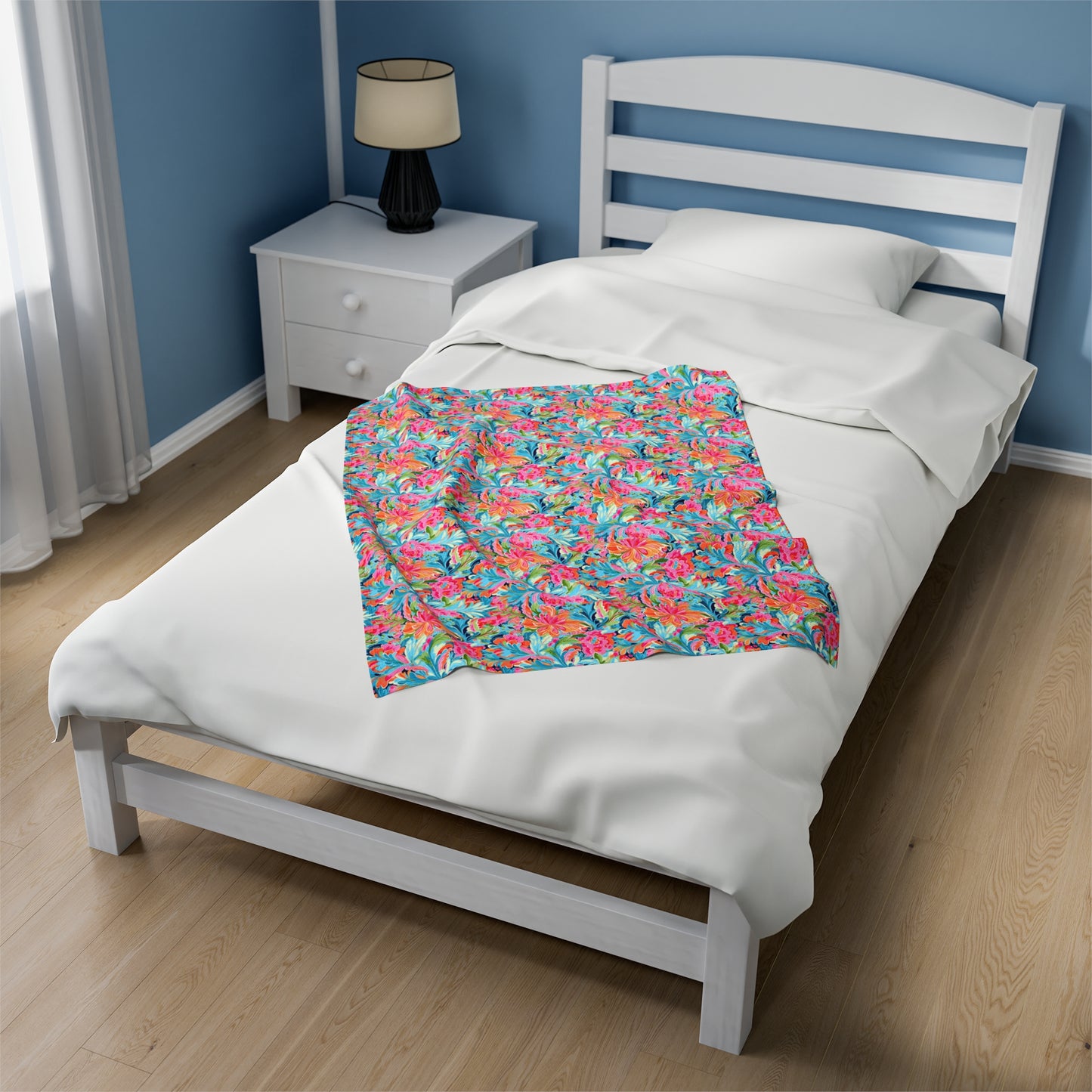 Tropical Radiance: Bursting Summer Blooms in Teal, Orange, and Pink Velveteen Plush Blanket 3 Sizes