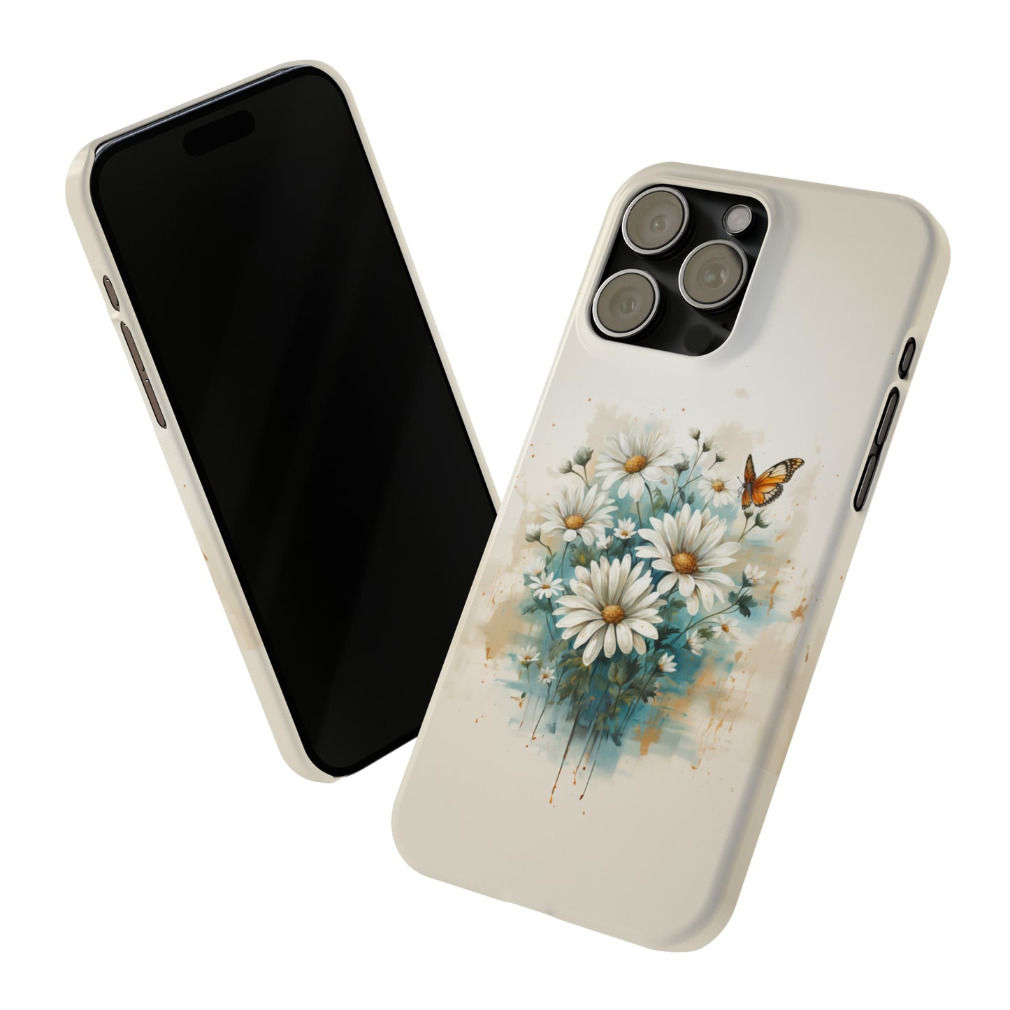 Rustic Farmhouse Teal and White Wild Daisies and Butterflies Iphone 15-12 Slim Phone Case