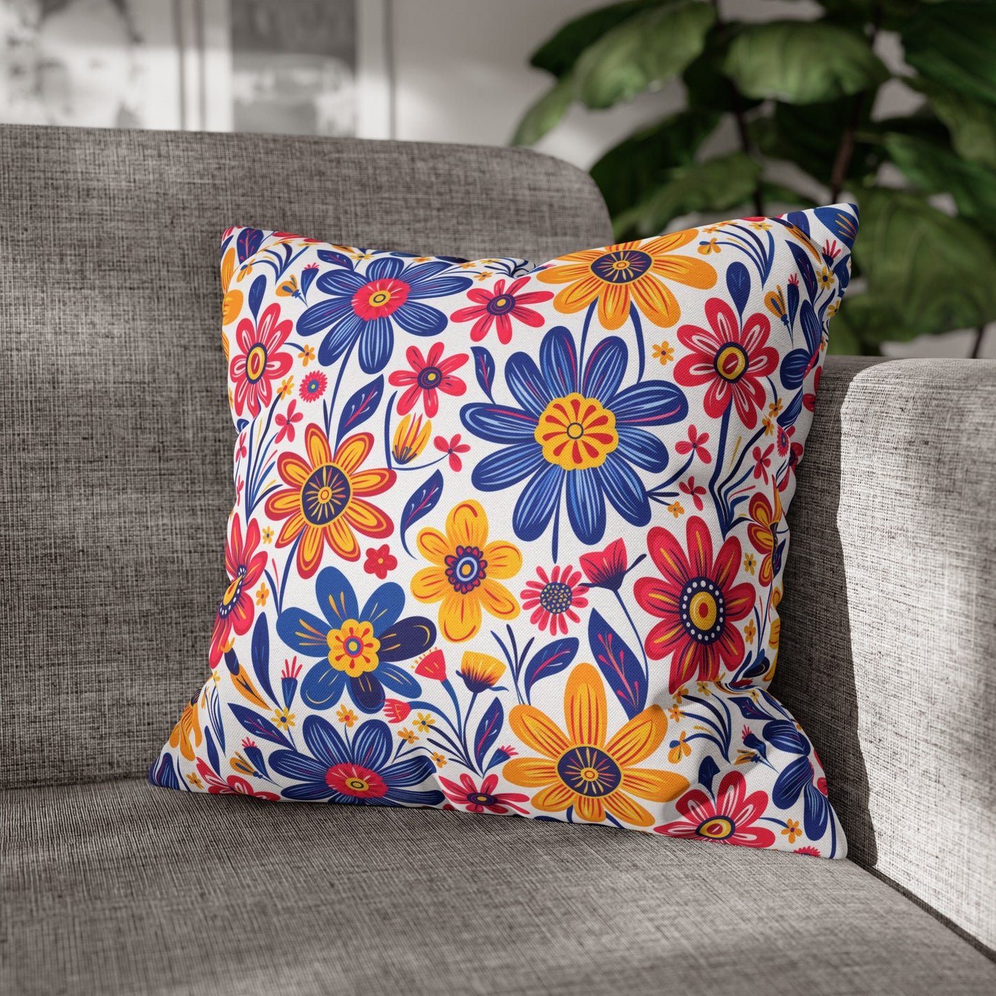 Vivid Blossom Bouquet: Large Hand-Drawn Spring Flowers Bursting with Vibrant Colors Spun Polyester Square Pillowcase 4 Sizes