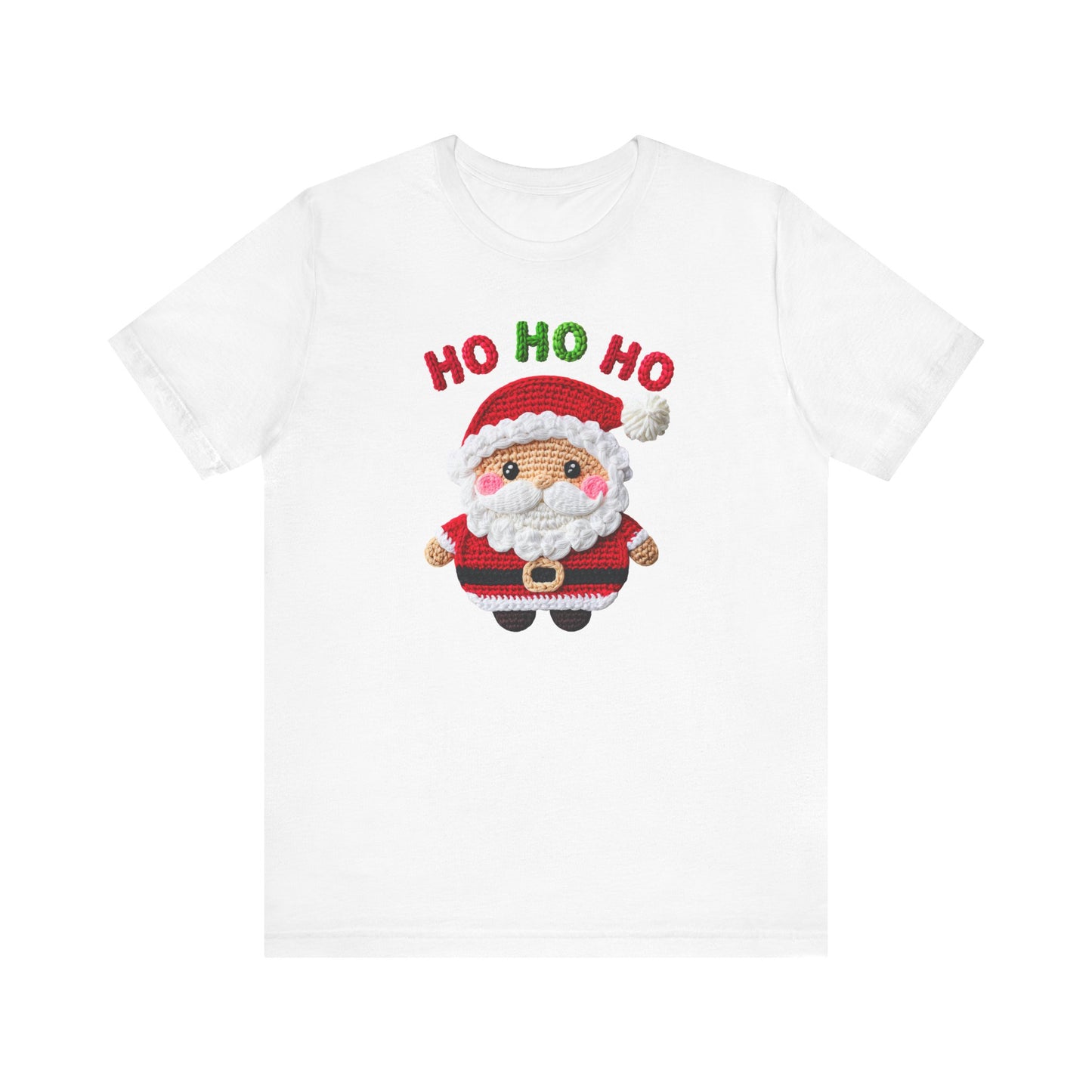 Faux Yarn Crochet Christmas Santa HO HO HO Print Jersey Short Sleeve T-shirt