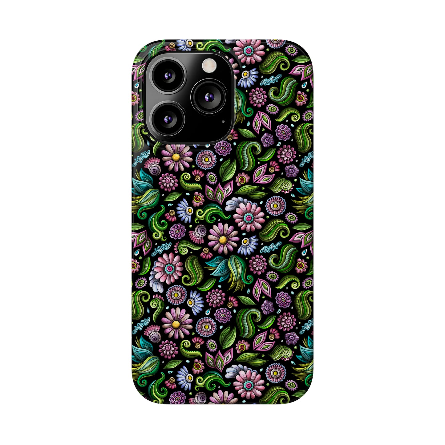 Purple & Pink Daisy Floral Print on Black Background Iphone 15-12 Slim Phone Case