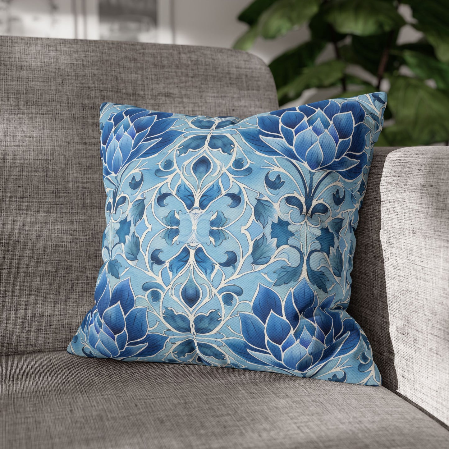 Exquisite Blue Lotus Elegance Floral Mosaic Design Spun Polyester Square Pillowcase 4 Sizes