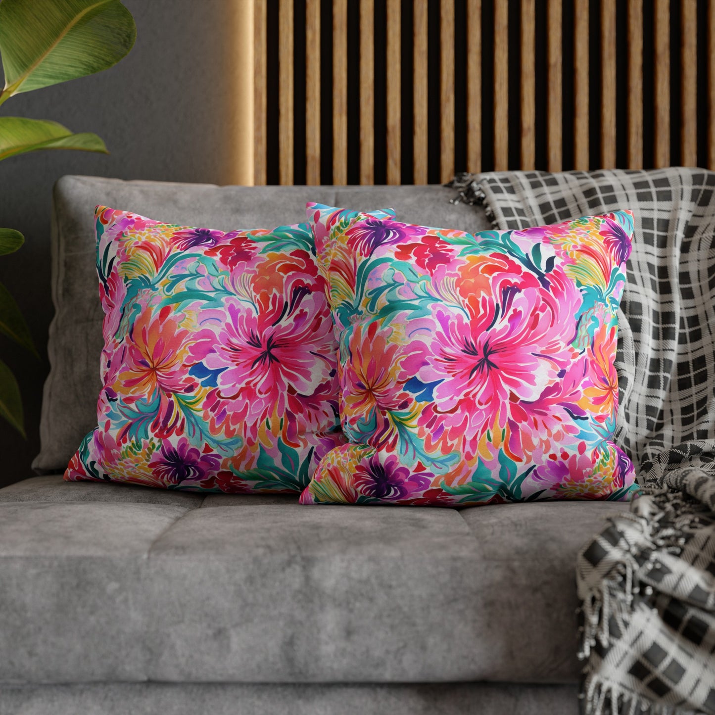 Rainbow Tropics: Watercolor Flowers in Vibrant Pink, Green and Orange Hues Spun Polyester Square Pillowcase 4 Sizes