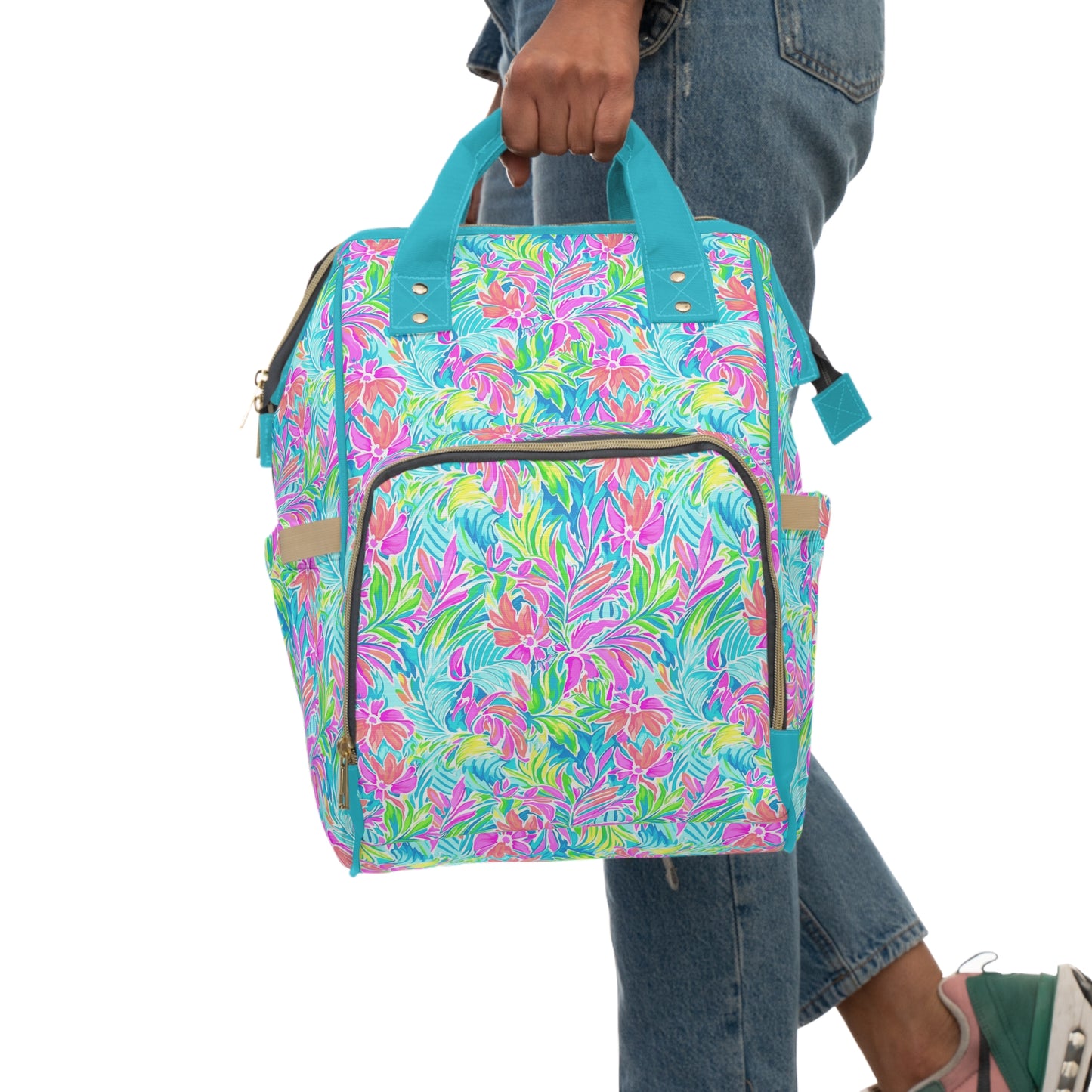 Neon Tropics: Vibrant Rainbow Flowers and Palm Leaves in Electric Splendor Multifunctional Diaper Backpack