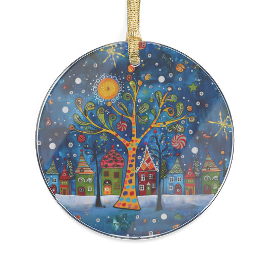 Winter Village Abstract Folk Art Christmas Scene Acrylic Ornaments 1, 5, 10, 25, and 50 pieces