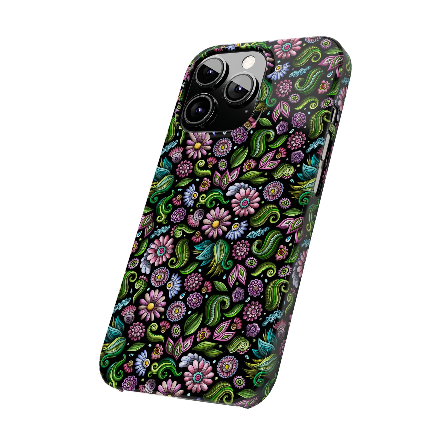 Purple & Pink Daisy Floral Print on Black Background Iphone 15-12 Slim Phone Case