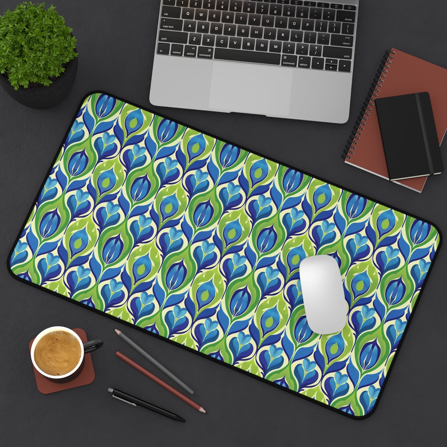 Retro Vibrant Peacock Blue and Green Floral Design Extended Gaming Mouse Pad  Desk Mat  - 3 Sizes