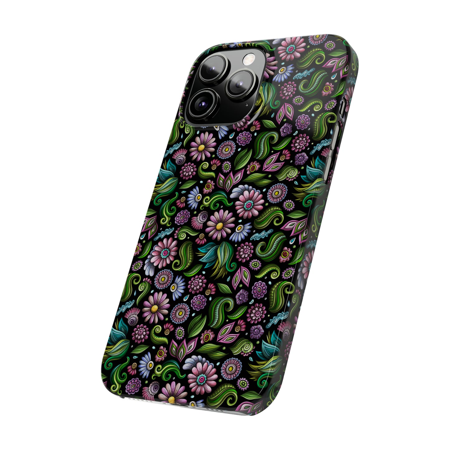 Purple & Pink Daisy Floral Print on Black Background Iphone 15-12 Slim Phone Case